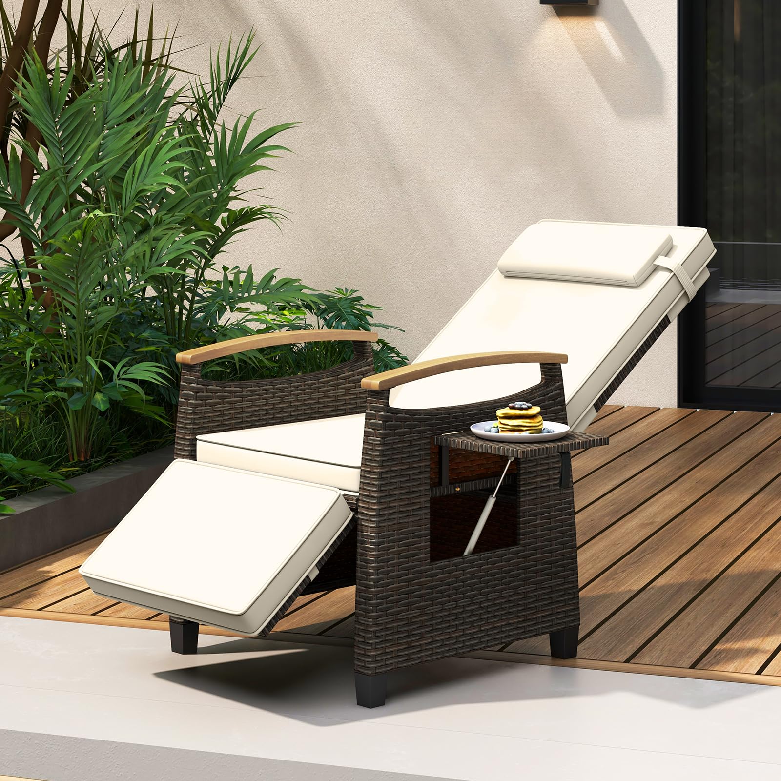 Tangkula Patio Wicker Recliner Chair - Adjustable Rattan Lounge Chair with Flip Side Table & Cushion - Comfortable Outdoor Reclining Seat for Backyard, Porch, Lawn, Poolside - Perfect for Relaxing, Sunbathing & Outdoor Lounging (Off White)