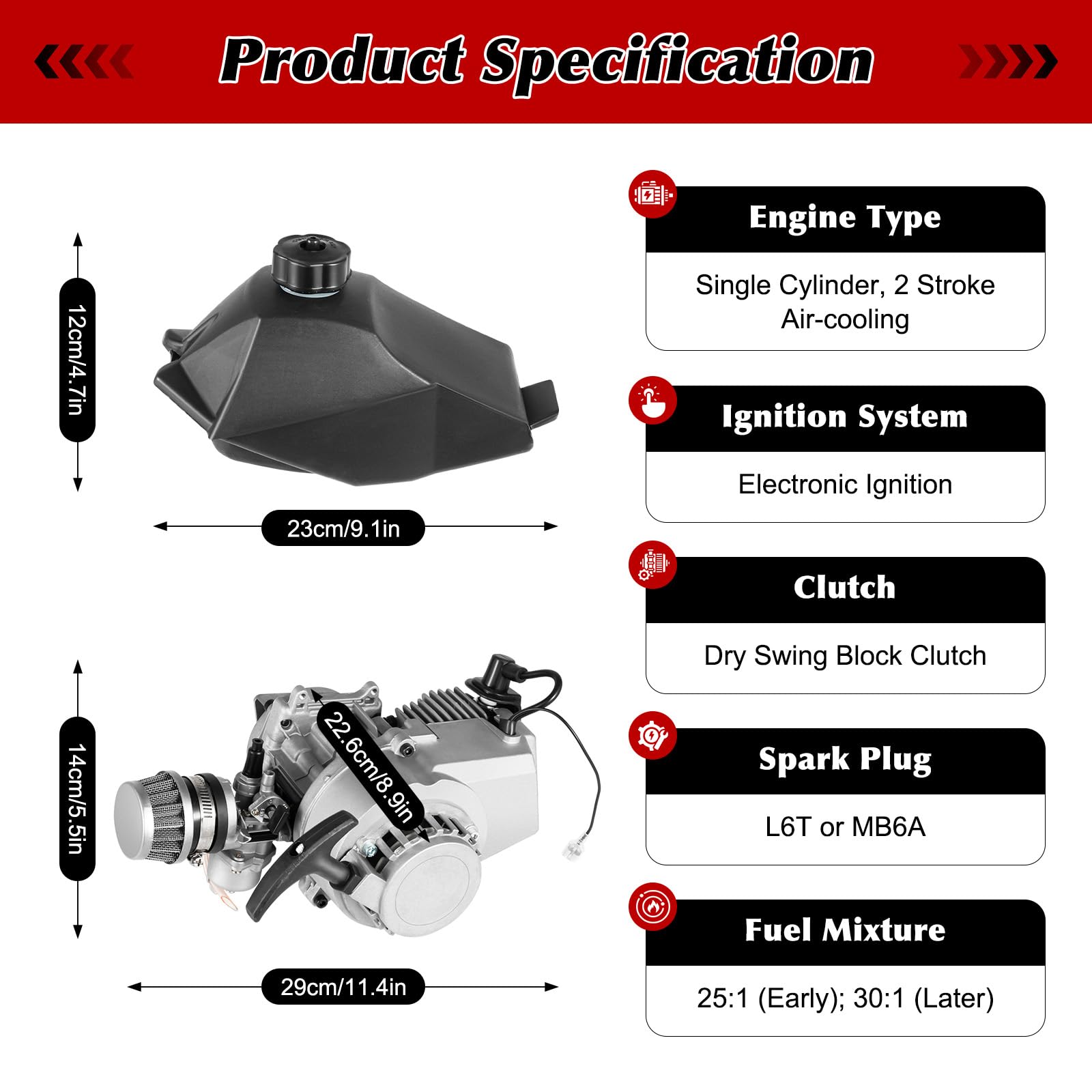 49cc 2 Stroke Gas Bicycle Engine Kit - Motorized Bike Conversion Kit for Adults - Fits Pocket Bikes & Mini Dirt Bikes - Gasoline Petrol Motor Upgrade (Silver/Black) - Perfect for Commuting, Off-Road Adventures & DIY Bike Projects