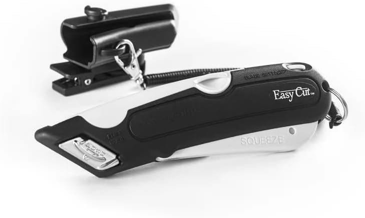 Professional Box Cutter with 3 Adjustable Blade Depths, Squeeze Trigger & Edge Guides - Includes Holster, Lanyard & Extra Blades (1000 White STD) - Perfect for Warehouse, Shipping, Packaging & DIY Projects