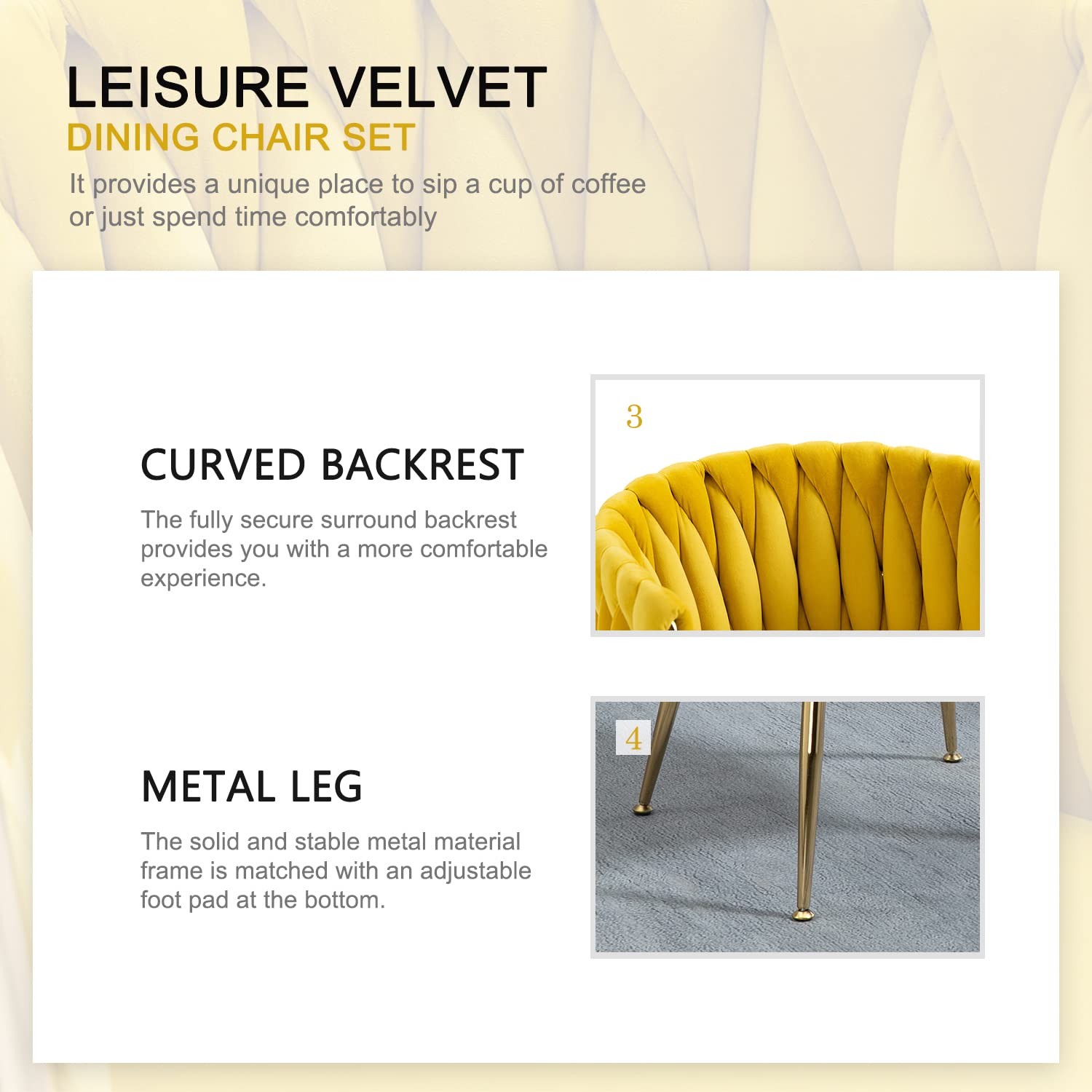 Nrizc Set of 2 Modern Velvet Upholstered Dining Chairs with Gold Metal Legs - Woven Accent Chairs for Living Room, Kitchen & Dining Room - Comfortable & Stylish Seating for Home Decor (Yellow) - Perfect for Dinner Parties, Family Gatherings & Cozy Breakfast Nooks