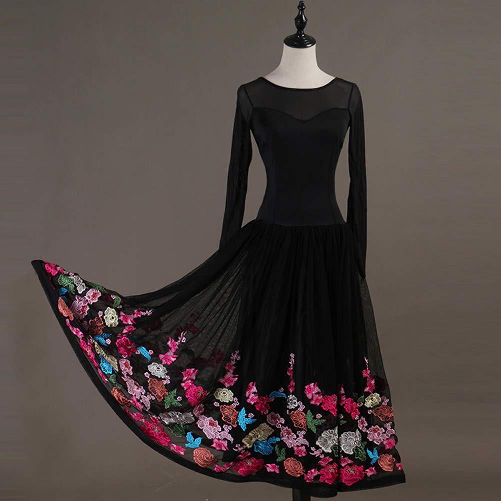 Elegant Women's Floral Embroidery Ballroom Dance Dress - Performance & Competition Latin Salsa Dress - Perfect for Dance Shows, Competitions & Special Events