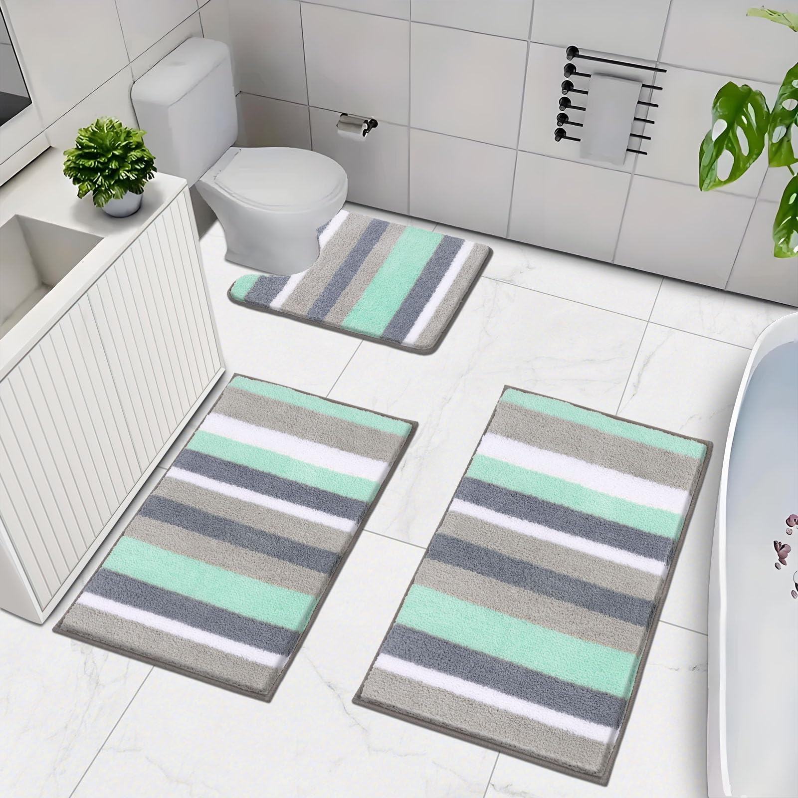 Vaukki 3-Piece Non-Slip Bathroom Rugs Set - Super Soft Shaggy Microfiber Plush Absorbent Washable Bath Mat & Shower Rug for Tub (18x26+20x32+20x24 Inches, Mint Green) - Perfect for Bathroom, Shower & Vanity Area