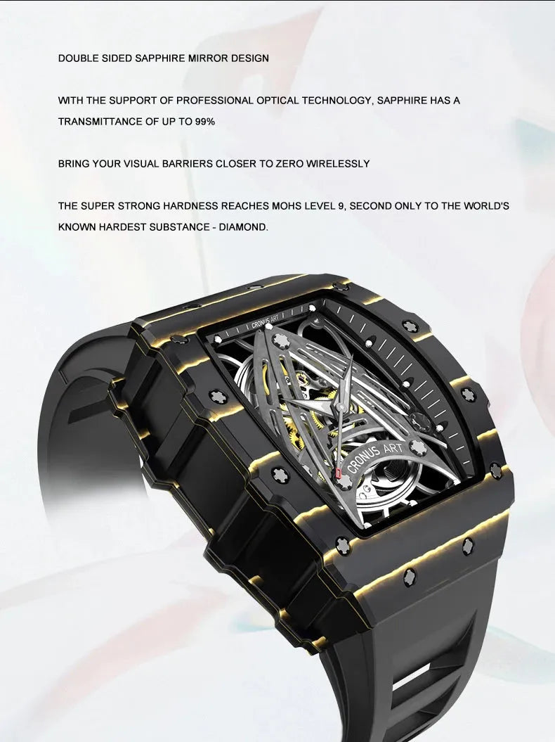 CRONUSART Men's Automatic Skeleton Watch - 50mm Tonneau Carbon Fiber Case, Luminous Dial, Fluororubber Strap - Mechanical Wristwatch for Business, Casual & Outdoor Activities
