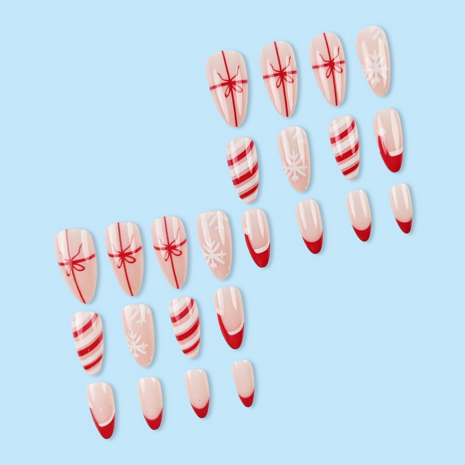 Christmas Press on Nails Short Almond Fake Nails - Xmas Red & White Stripes with Snowflake Santa Hat Bow Design - 24Pcs Full Cover Acrylic Nails Kit for Women - Perfect for Holiday Parties, Gift Giving & Festive Manicures