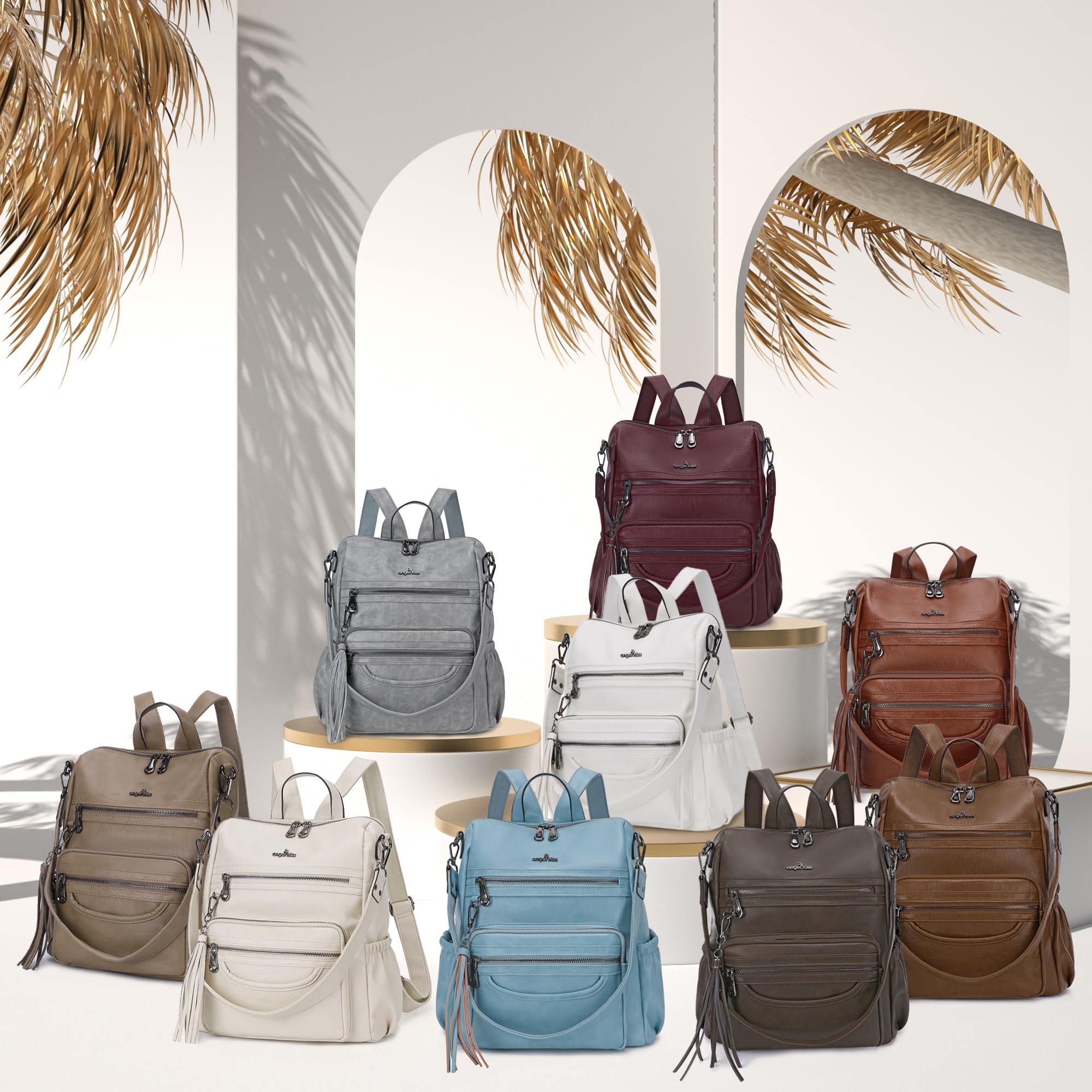 Angel Kiss Women's PU Leather Backpack Purse - Stylish Zipper Casual Backpack & Shoulder Bag for Work, Travel & Daily Use