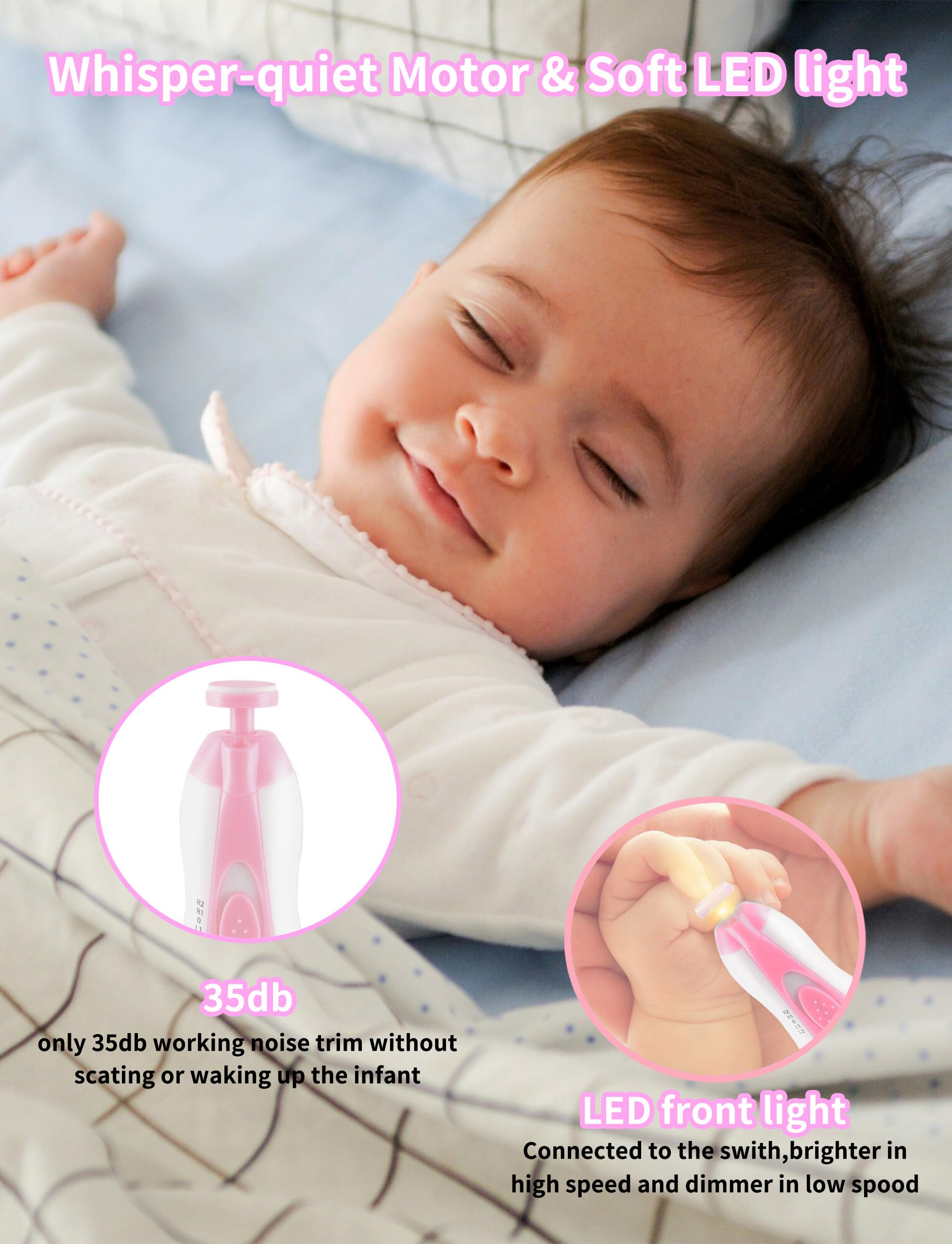Electric Baby Nail Trimmer & Clipper Set - 6-in-1 Safe Nail File with LED Light for Newborns, Infants & Toddlers - Gentle Fingernail & Toenail Care Kit for Painless Grooming at Home or Travel