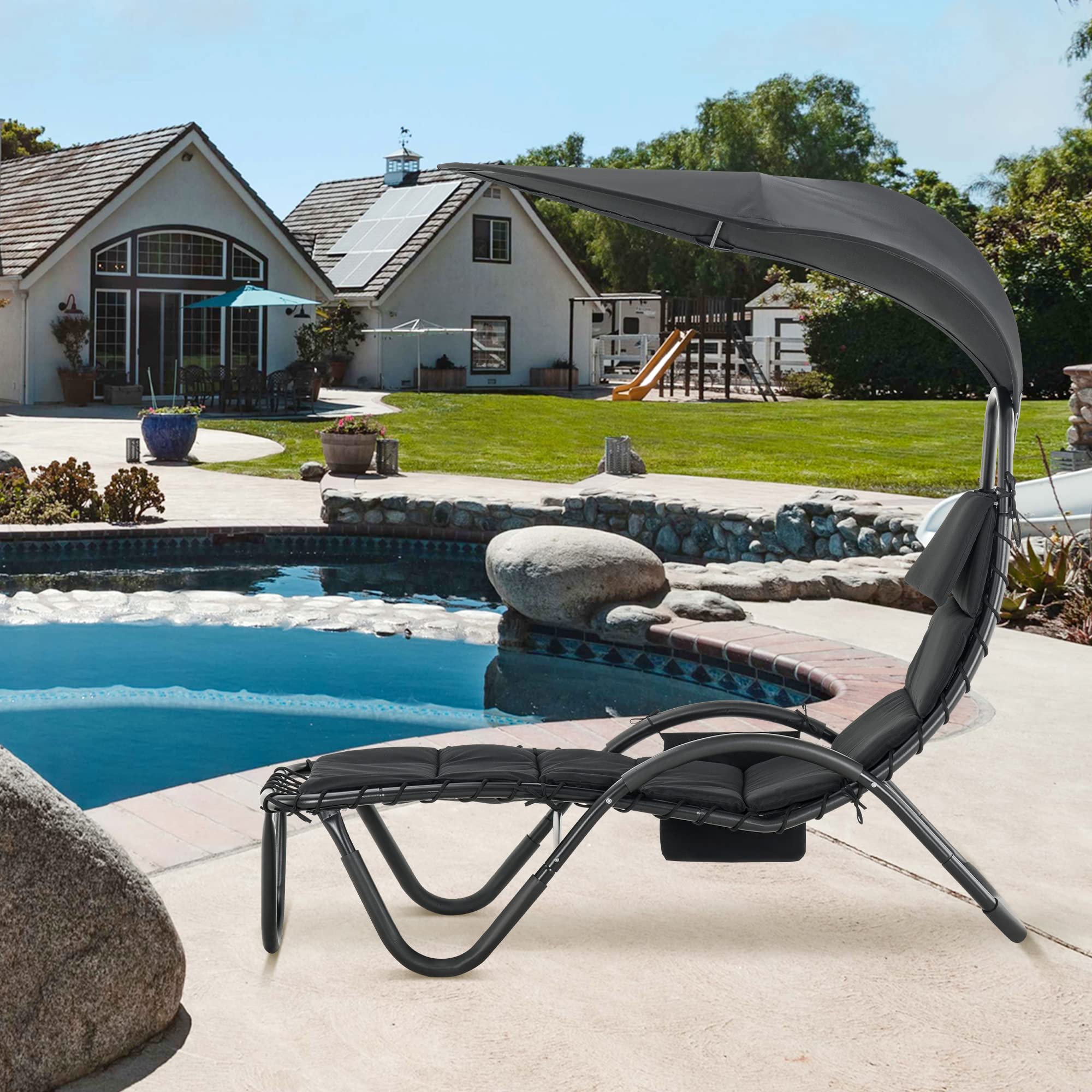 MCombo Outdoor Steel Chaise Lounge Chair with Removable Canopy & Cushions - Adjustable Reclining Chair with Side Pocket & Arc Stand - Perfect for Beach, Poolside, Backyard, Balcony, Porch & Patio (Black, 4097) - Ideal for Sunbathing, Relaxing & Outdoor Lounging