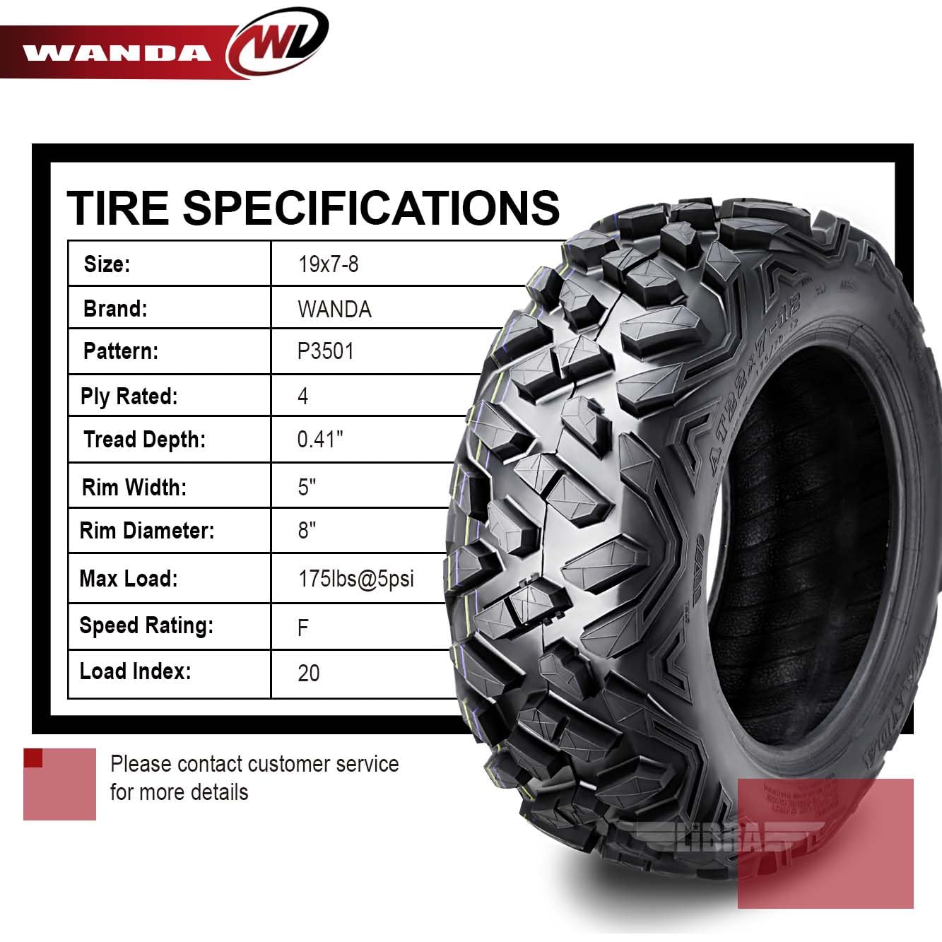 2 WANDA ATV Tires 19x7-8 19x7x8 - Compatible with Tomberlin Cobra 90 & REVO 90 Front - All-Terrain Performance for Kids ATV, Dirt Bikes & Off-Road Adventures
