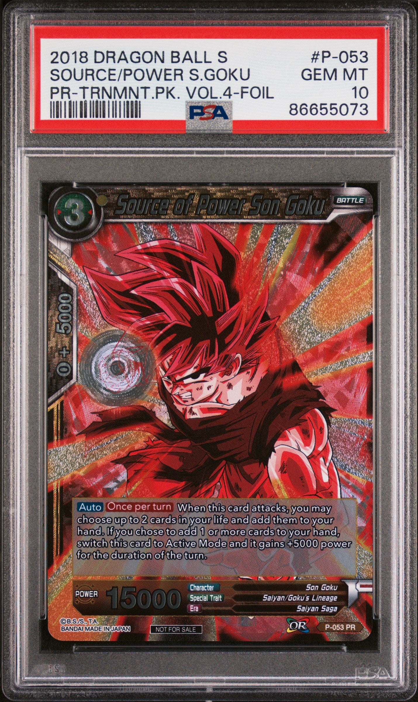 2018 Dragon Ball Super Card - Source/Power S.Goku #P053 PSA 10 Graded - Perfect for Collectors & Anime Fans | Display, Trade, or Invest in Rare Trading Cards