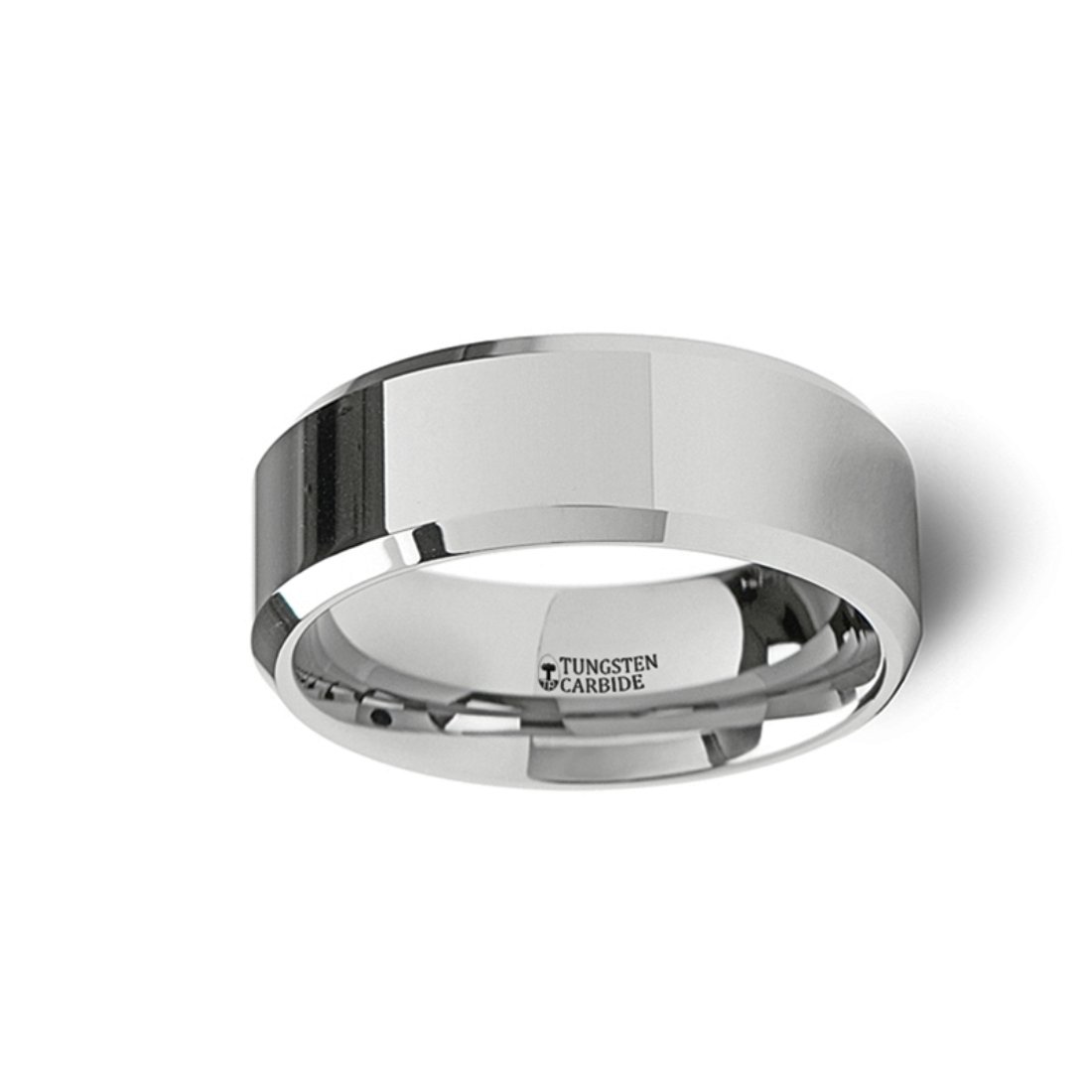 LINCOLN Beveled Edge Flat White Tungsten Carbide Ring - 8mm Wide Wedding Band for Men - Durable & Scratch-Resistant Jewelry for Engagement, Anniversary & Everyday Wear