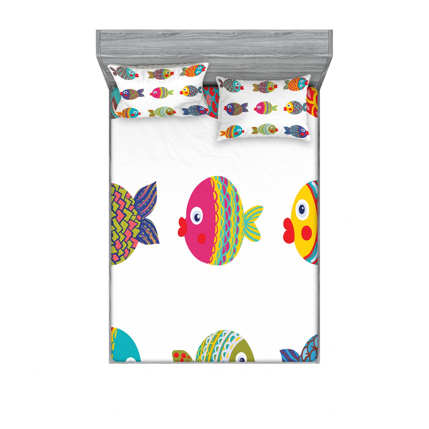 Ambesonne Ethnic 2-Piece King Size Fitted Sheet Set with 4 Pillow Shams - Cartoon Fish Pattern Multicolor Bedding Decor for Modern Bedroom & Guest Room