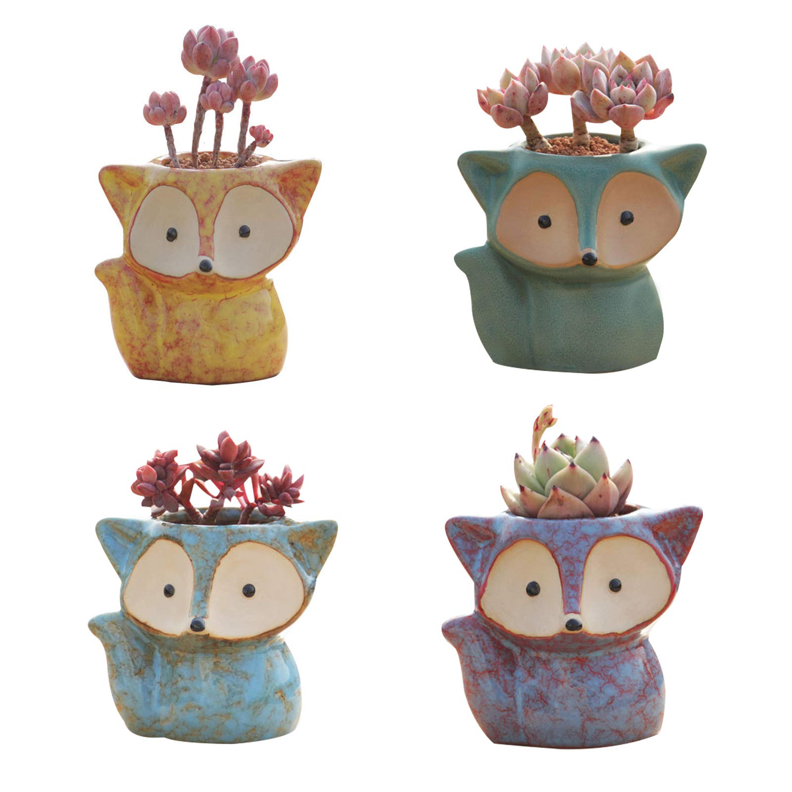 4 Pack Fox Shaped Ceramic Succulent Pots with Drainage Holes - Cute Cactus & Flower Planters for Home, Office Desk Decor | Perfect for Indoor Plants, Succulents, Small Herbs & Gift Ideas