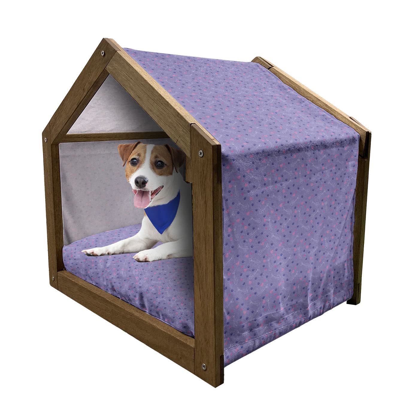 Lunarable Wooden Pet House with Cat Tracks, Fish Bones & Hearts Print - Indoor/Outdoor Portable Dog Kennel with Pillow & Cover - Large Size Violet Pink - Perfect for Backyard, Patio or Living Room Pet Shelter
