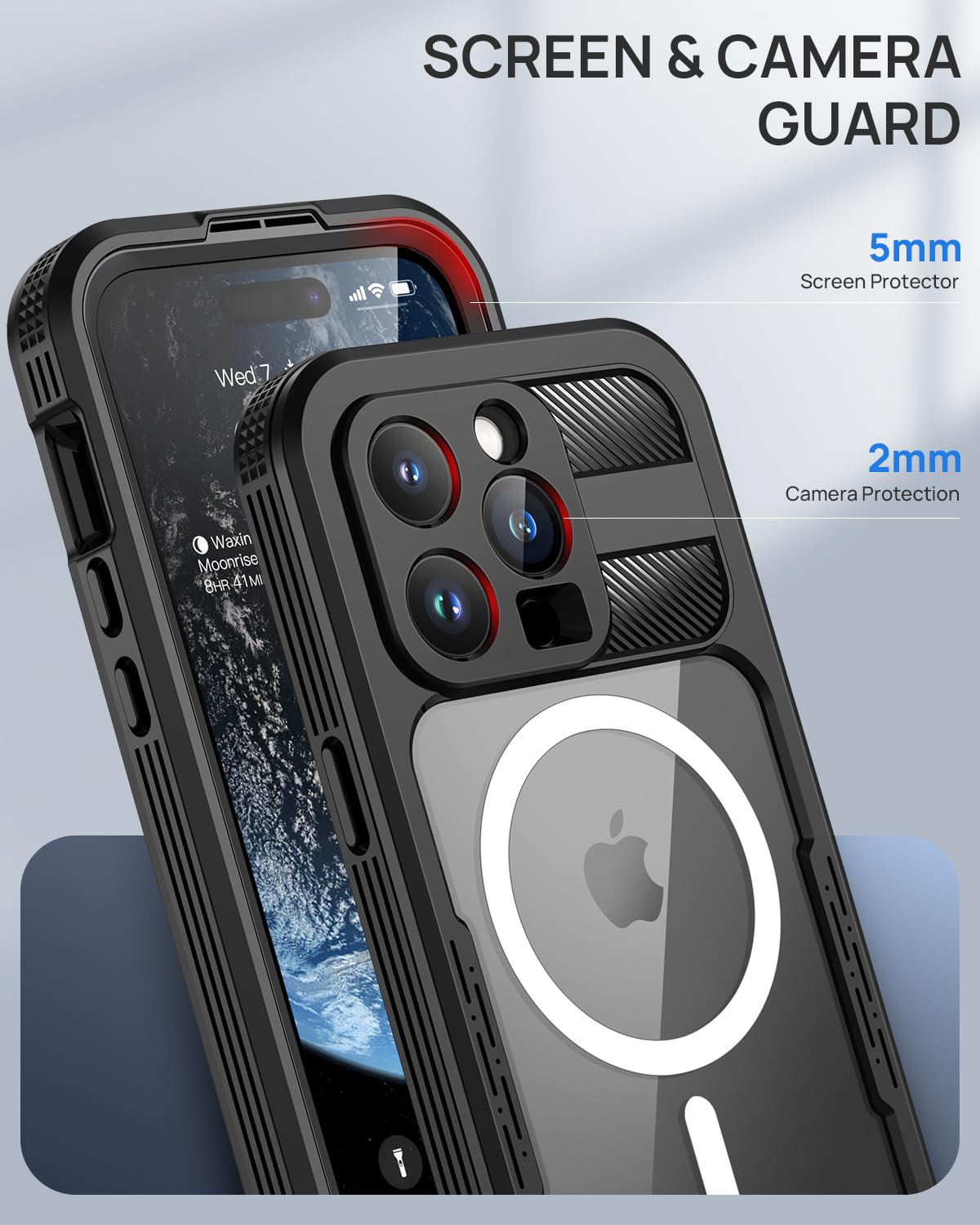 Lanhiem Magnetic iPhone 15 Pro Case - IP68 Waterproof & Dustproof Shockproof Cover with Built-in Screen Protector | Magsafe Compatible Rugged Phone Case 6.1 inch (Black/Clear) for Outdoor Sports & Extreme Activities