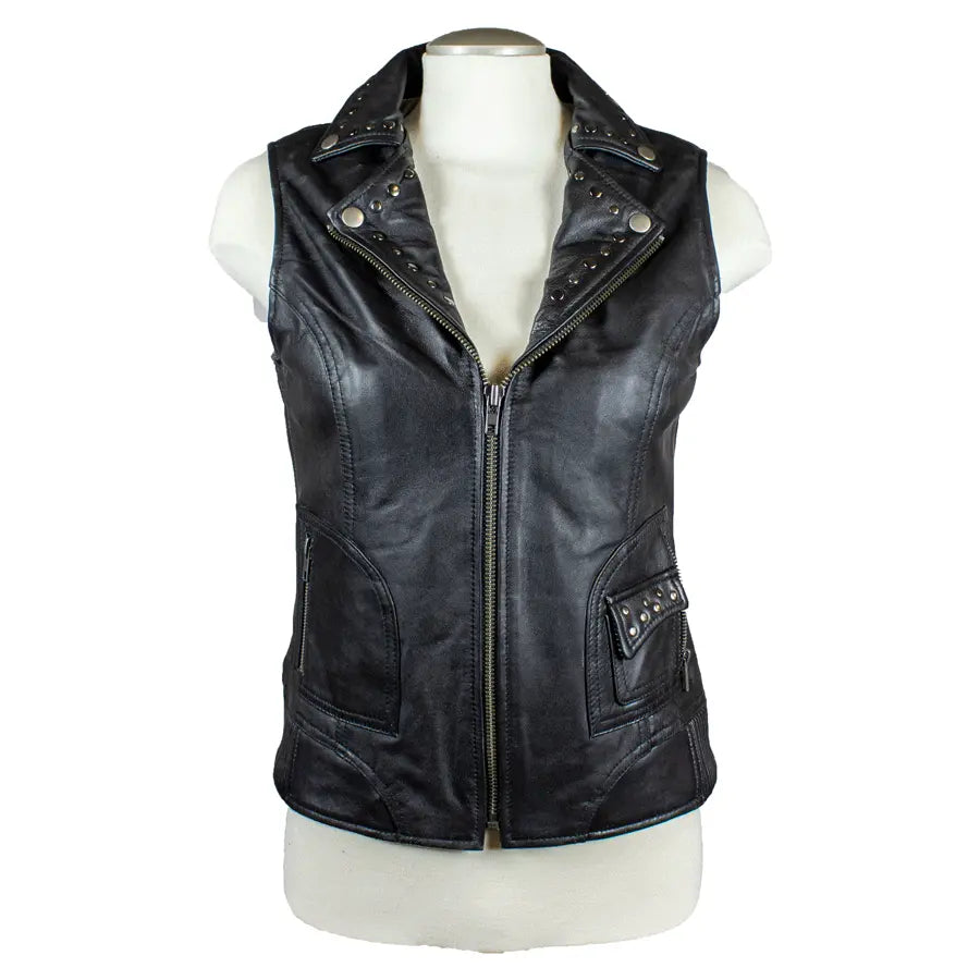 Stylish Open Road Women's Studded Leather Vest - Fashionable Biker Jacket for Motorcycle Riding & Casual Outfits