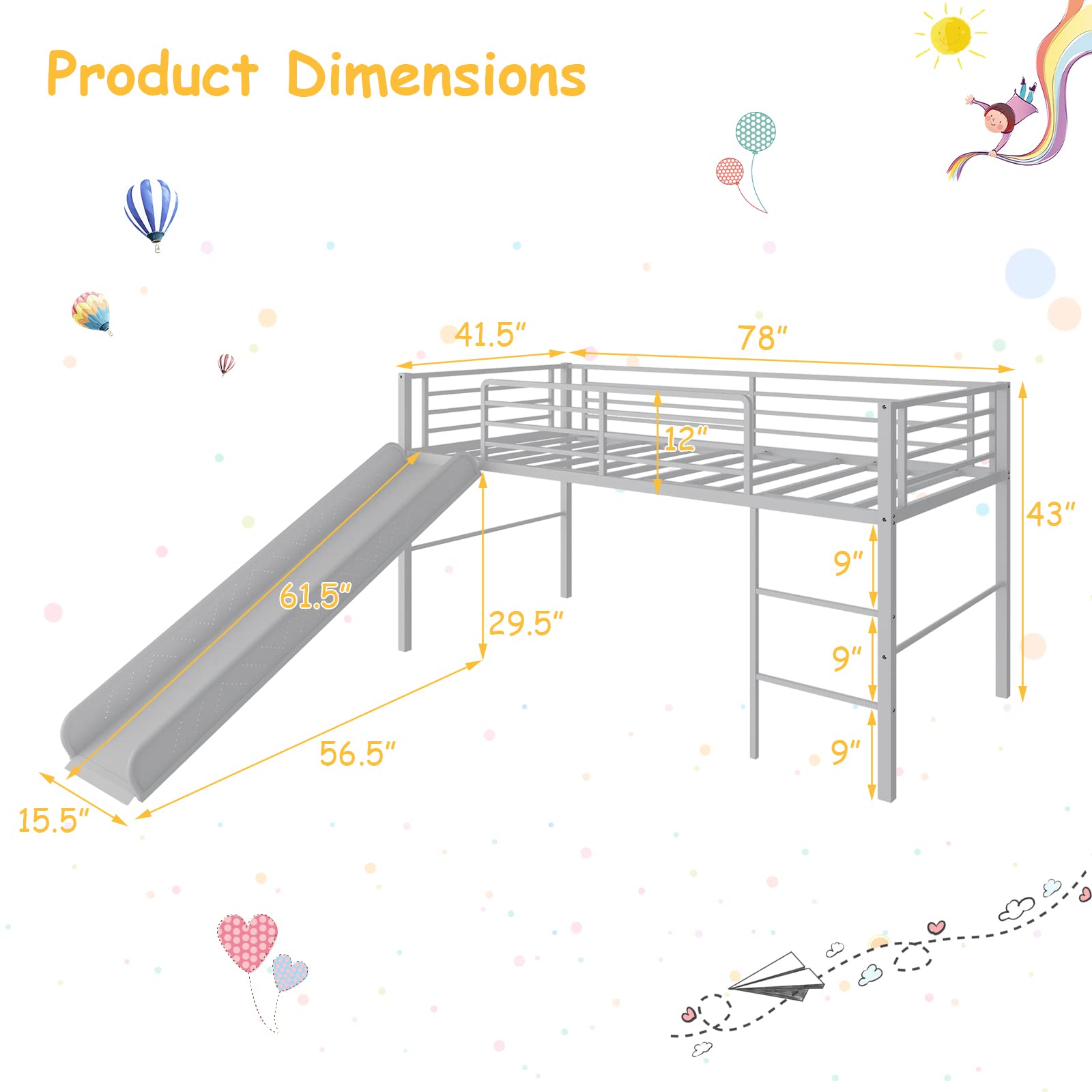 **Giantex Twin Loft Bed with Slide - Sturdy Metal Low Bunk Bed for Kids, Safety Guardrails & Built-in Ladder, No Box Spring Needed, Toddler Bed Floor Frame for Boys & Girls (Silver) - Perfect for Small Bedrooms, Playrooms & Sleepovers**