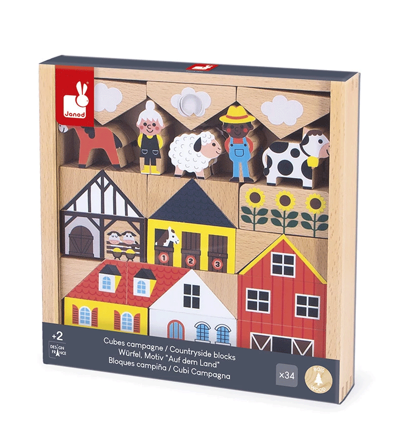 Janod Countryside Cross Roads Wooden Block Set - 34-Piece Educational Building Toy for Kids | Perfect for Creative Play, Learning Shapes & Imaginative Scenes