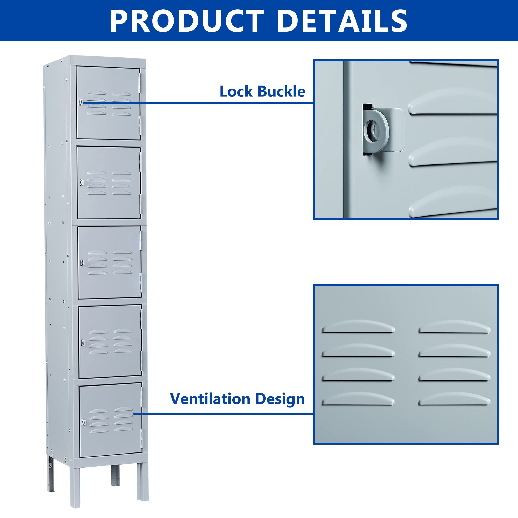 5-Tier Metal Locker with 5 Doors - Heavy Duty Storage Cabinet for School, Gym, Office & Hospital - Space Saving Organization Solution (Gray) - Perfect for Locker Rooms, Workplaces & Storage Areas