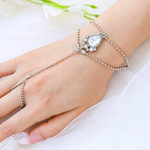 Bomine Rhinestone Finger Bracelet Ring Hand Chain - Elegant Silver Wedding Slave Bracelet Jewelry for Women & Girls | Perfect for Bridal Accessories, Prom, Parties & Special Occasions
