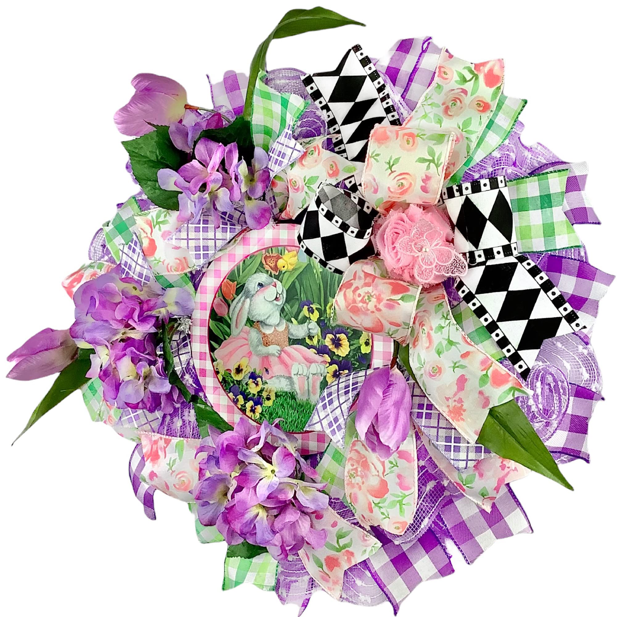 Handmade Chiffon Flower Easter Bunny & Yellow Chick Wreath with Spring Flowers, Easter Eggs & Butterfly Decorations - Perfect for Easter Door Decor, Spring Home Decor & Holiday Party Decorations