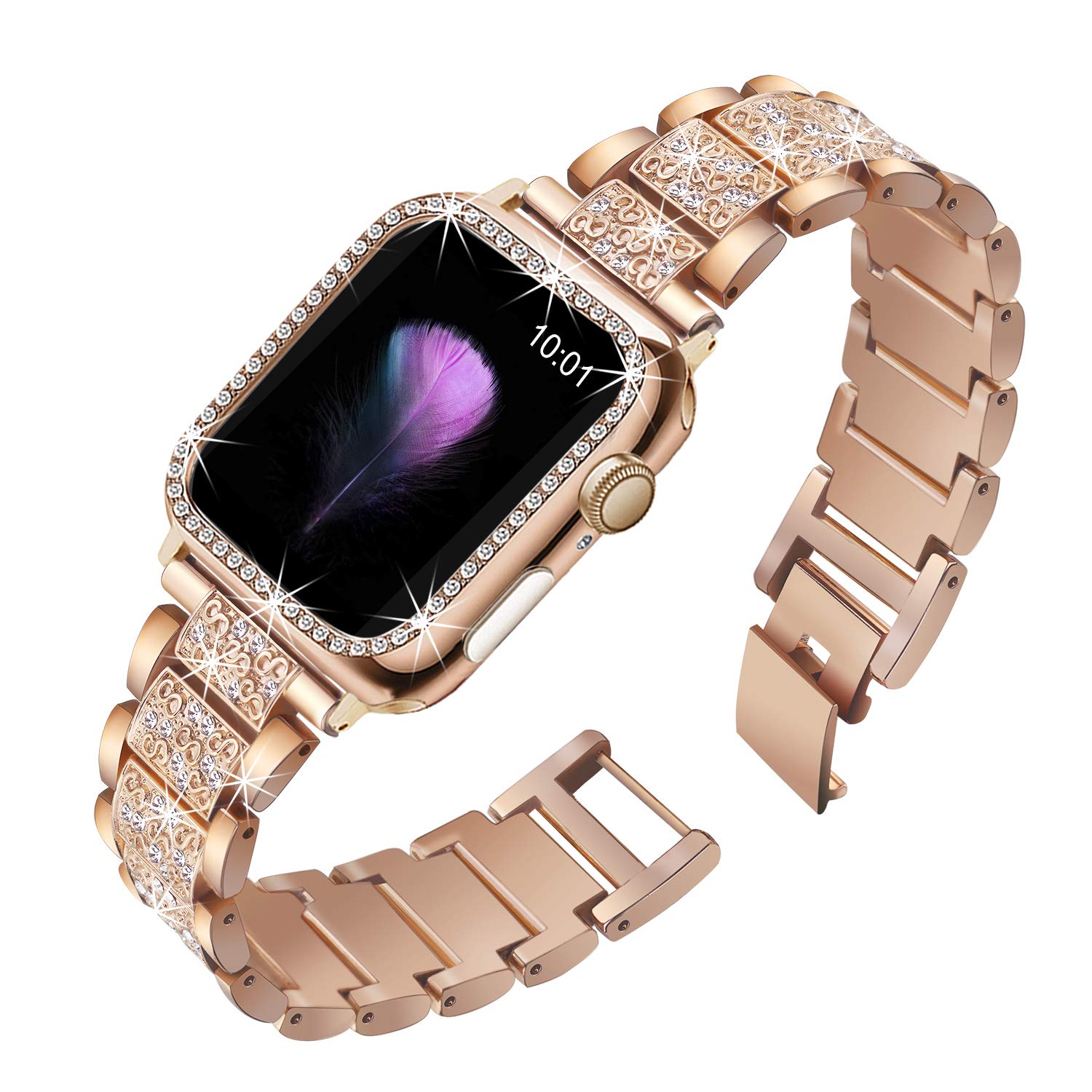 Mesime Compatible Apple Watch Band with Screen Protector Case - Jewelry Replacement Bands for 38mm/40mm/41mm/42mm/44mm/45mm/46mm - 2 Pack Protective Cover for iWatch Series 10/9/8/7/6/5/4/3/2/1/SE - Perfect for Women's Fashion, Workouts & Everyday Wear
