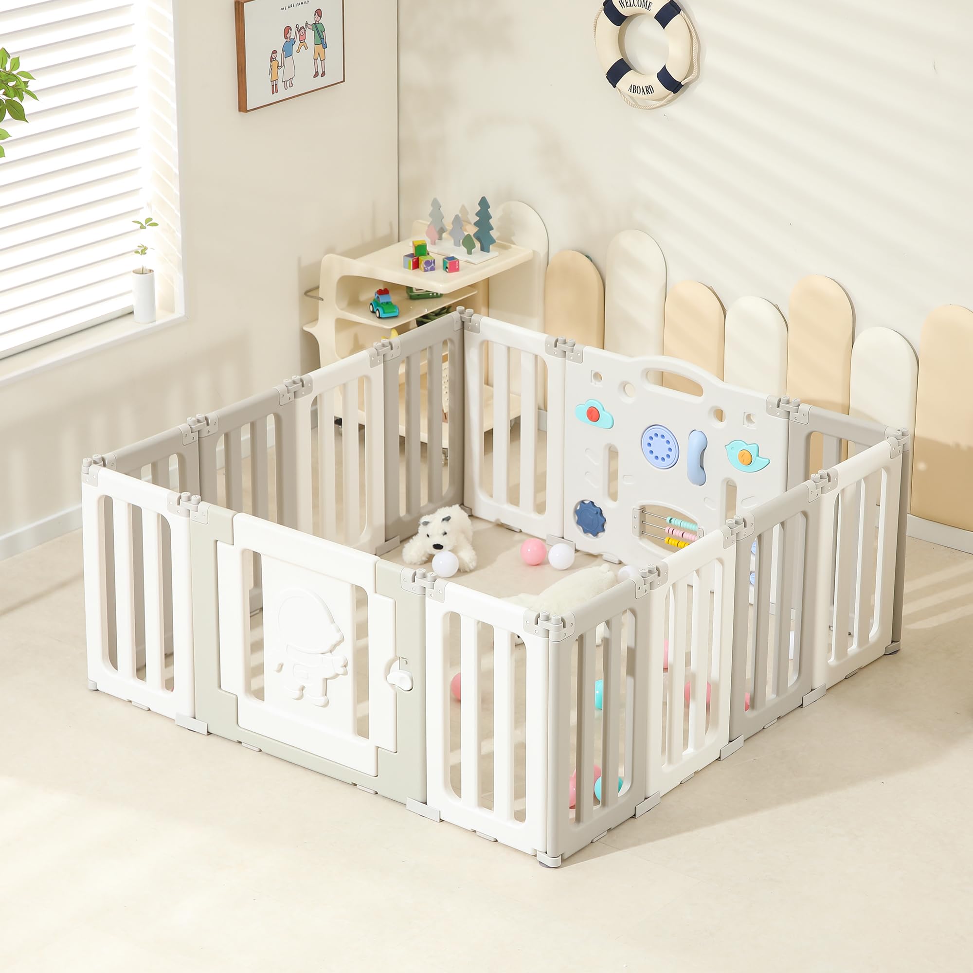 **Extra Large Baby Playpen - 14 Panels Foldable Play Yard for Babies & Toddlers, Adjustable Portable Baby Fence & Gate, Grey | Perfect for Indoor Playrooms, Outdoor Backyards & Travel**
