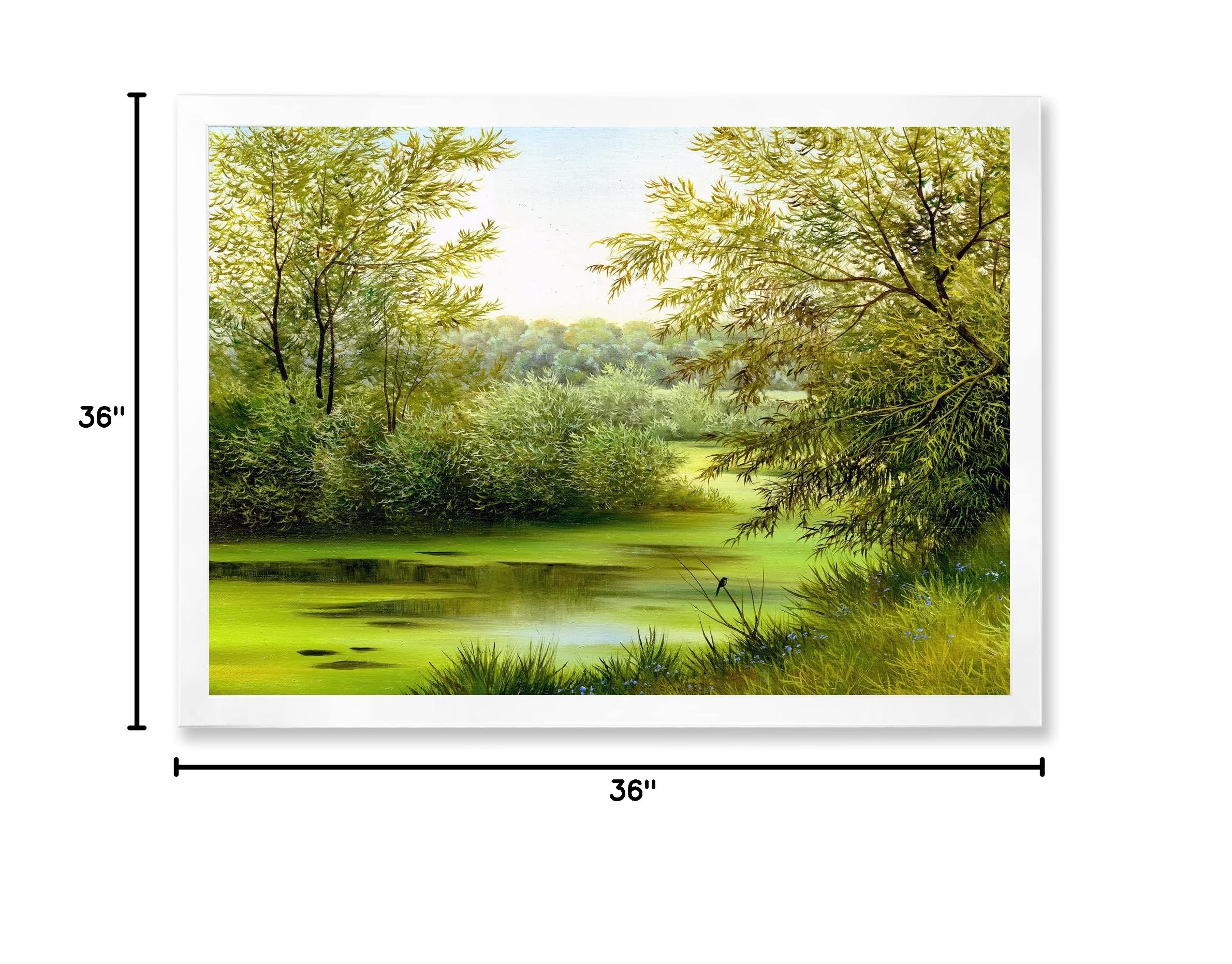 DesignQ Green Pond with Spring Trees Country Framed Wall Art - Nature Landscape Canvas Painting for Living Room, Bedroom & Office Decor