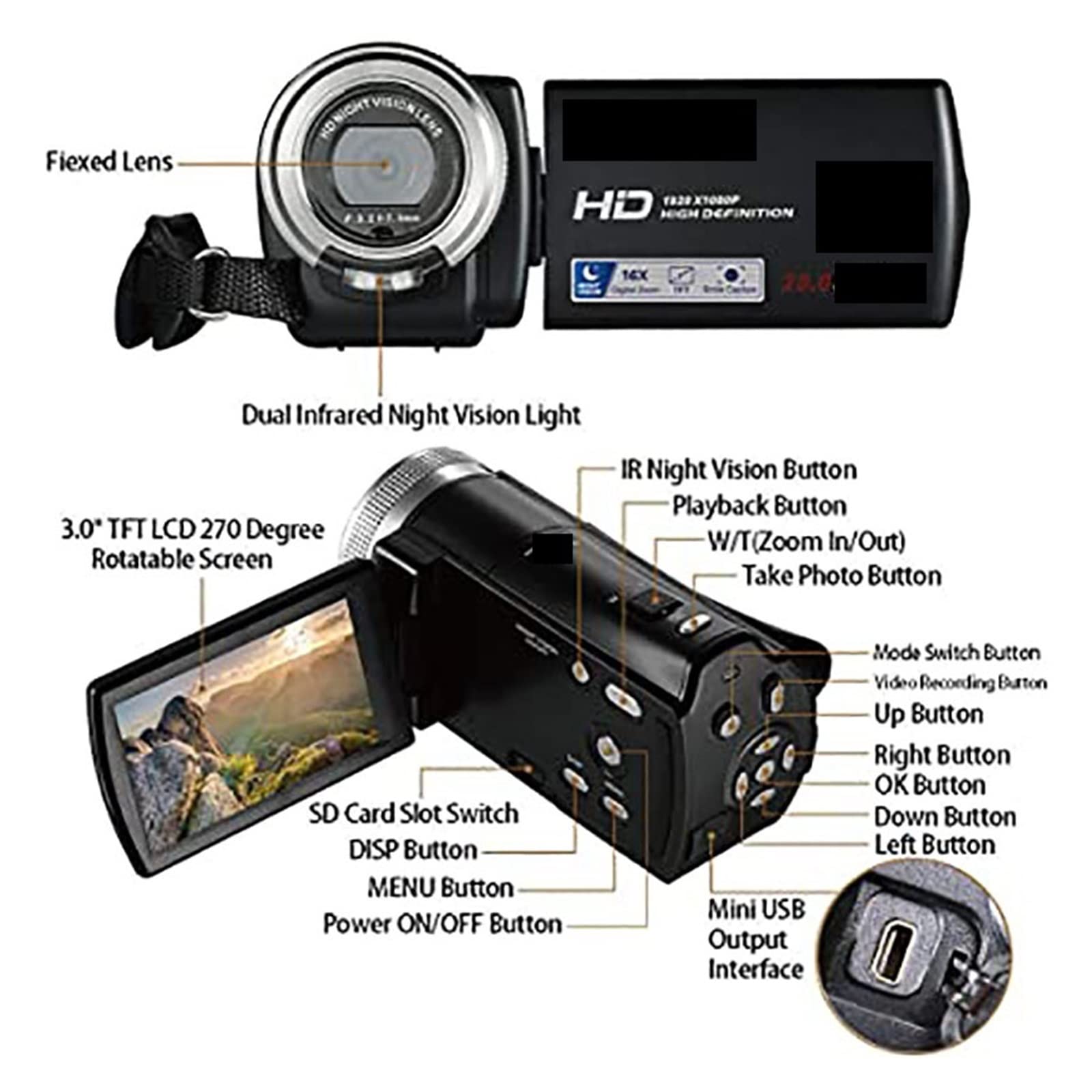 BODORME 1080P Full HD Video Camera with Infrared Night Vision - Digital Camcorder for Vlogging, Home Security, and YouTube Video Shooting - Perfect for Bloggers, Travel, and Indoor/Outdoor Recording