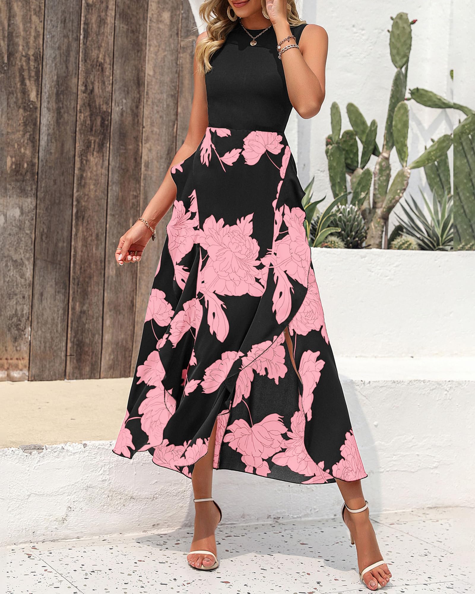 BTFBM Women's Boho Floral Patchwork Midi Dress - Sleeveless Ruffled Cocktail Party Dress for Summer & Spring 2025 | Perfect for Beach Vacations, Garden Parties & Date Nights