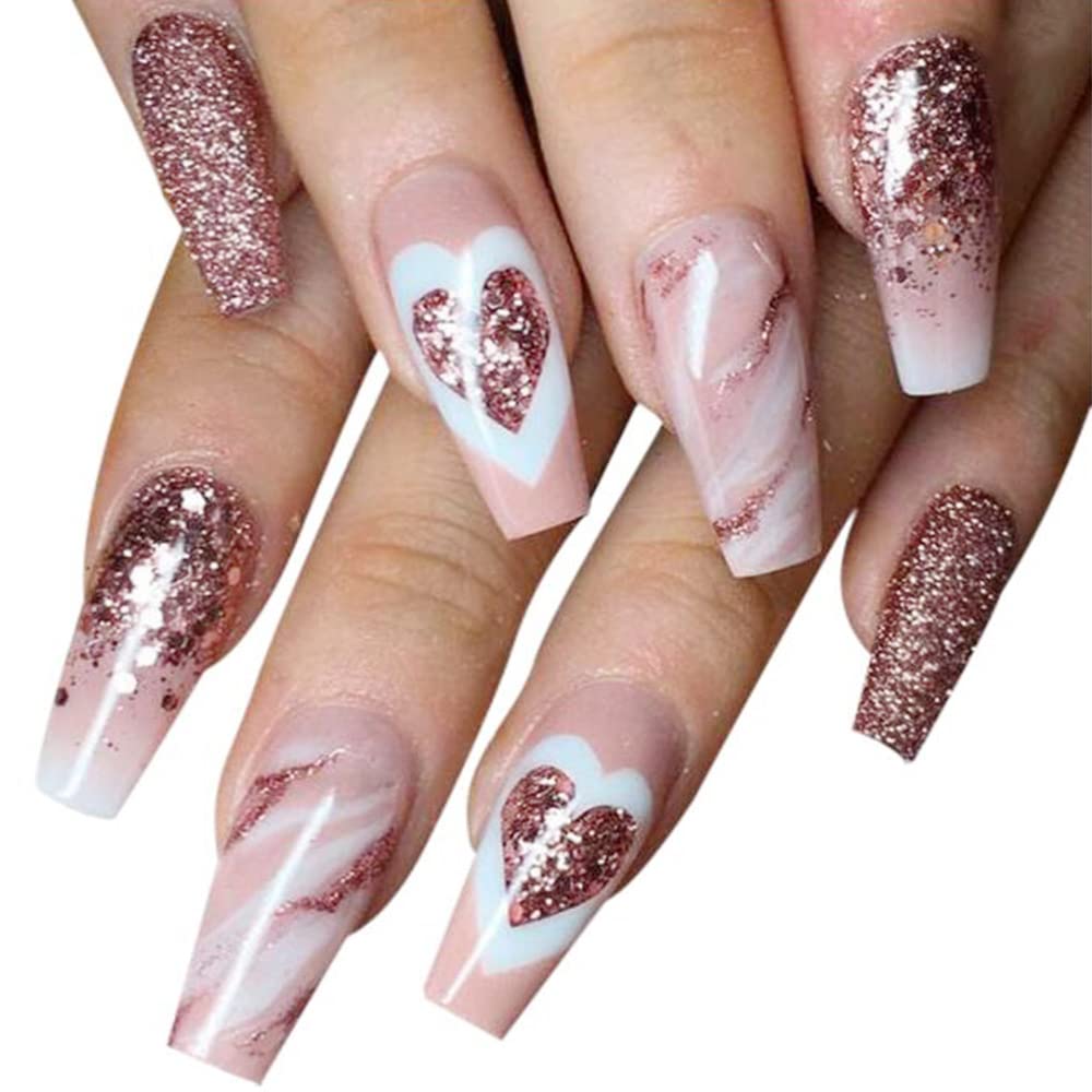 Premium Light Pink Glitter Heart Artificial Nails Set - 24pcs Reusable Press-on Nails with Glossy Finish & Luxury Design | Perfect for Parties, Weddings, Date Nights & Special Occasions