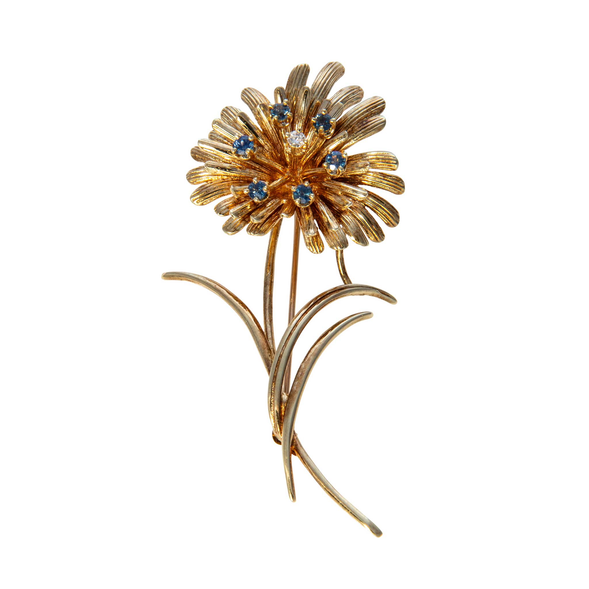 Vintage Sapphire & Diamond 14K Gold Flower Brooch Pin - Elegant Antique Jewelry for Women, Perfect for Weddings, Parties & Special Occasions
