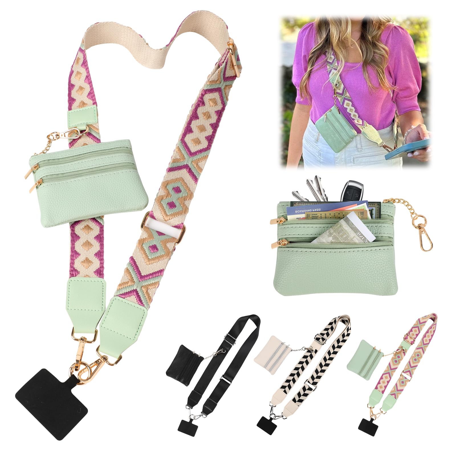 Adjustable Crossbody Phone Strap with Zippered Wallet Pouch - Green | Secure Hands-Free Phone Holder for Travel, Shopping & Outdoor Activities