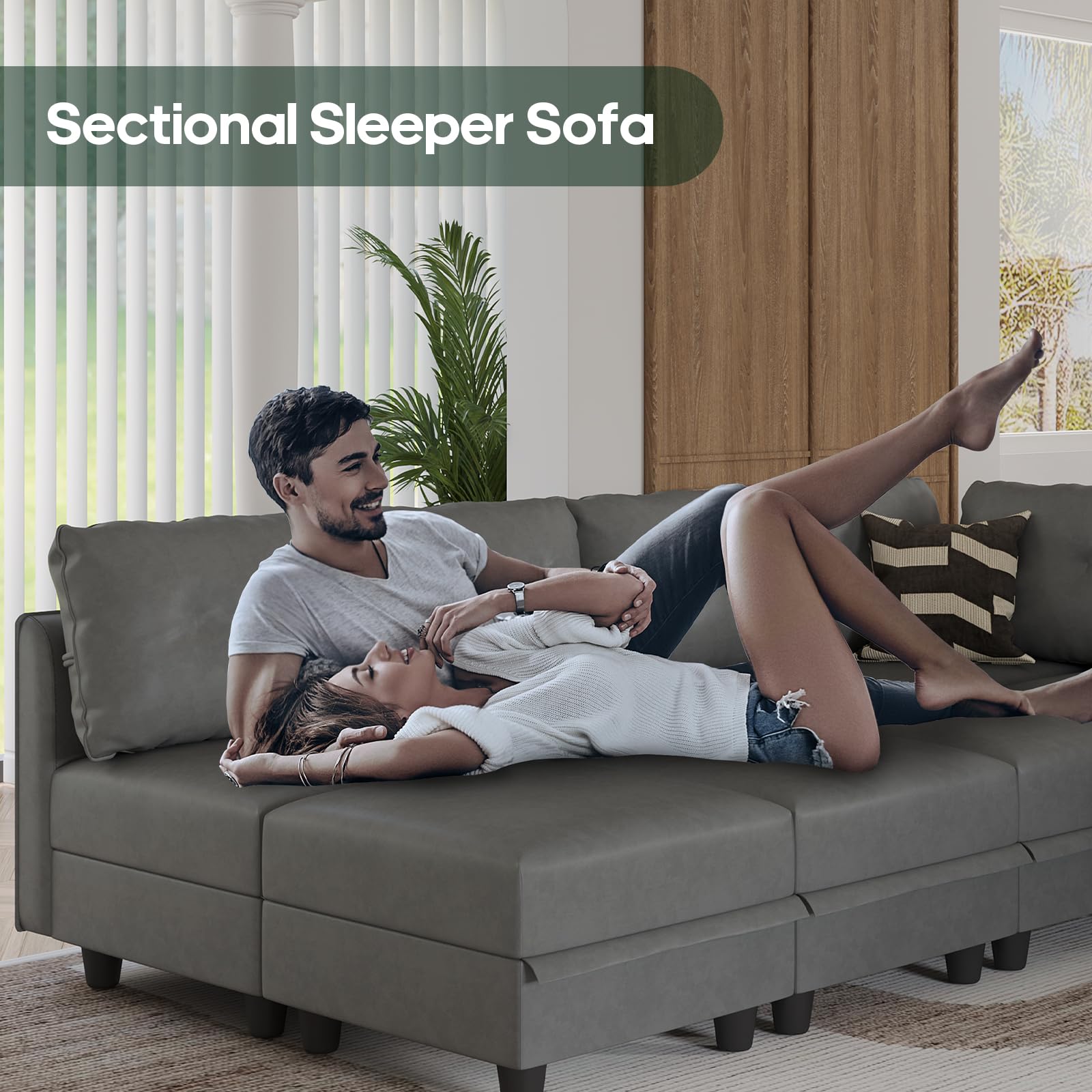 LLappuil 3-Seater Faux Leather Modular Sectional Sofa with Storage Seat - Modern Dark Grey Living Room Couch for Small Spaces & Apartments - Perfect for Studio Living Rooms, Home Theaters, and Cozy Family Gatherings