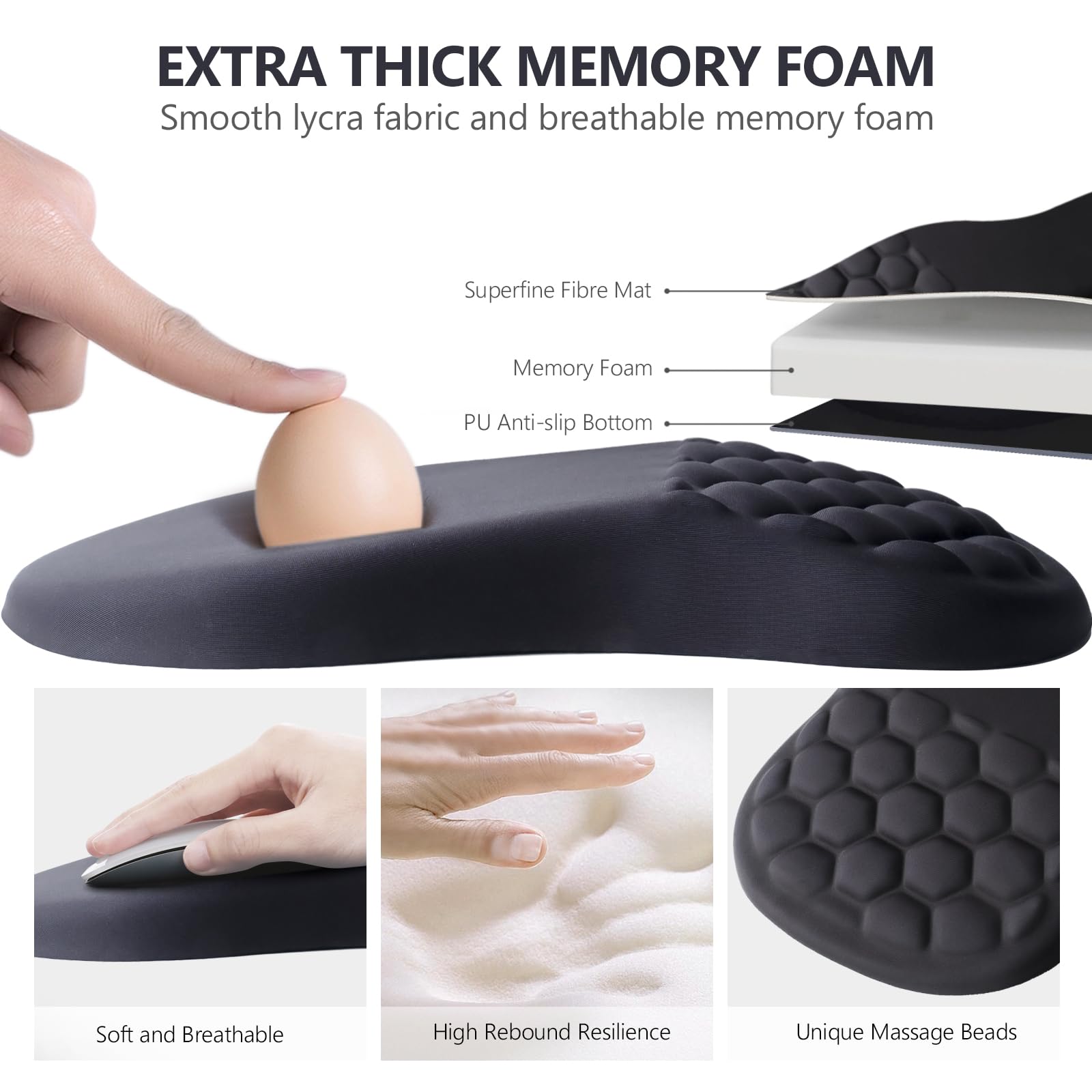 Ergonomic Mouse Pad with Wrist Support - Comfortable Computer Mouse Pad for Laptop & PC, Non-Slip PU Base, Pain Relief for Office & Gaming (Black) - Perfect for Long Work Hours & Gaming Sessions