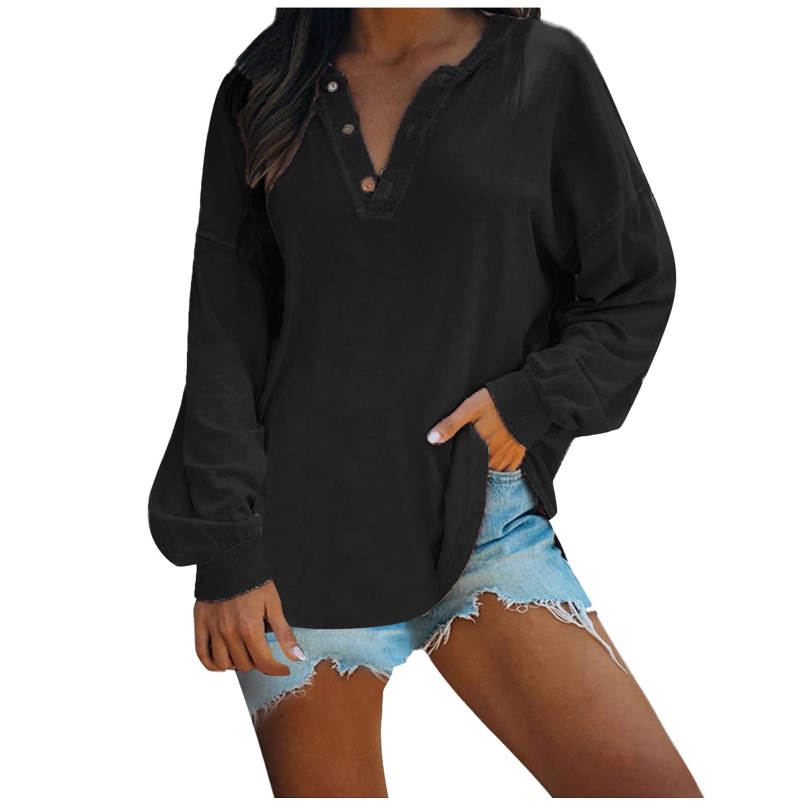 Women's Long Sleeve V-Neck Button Up Pullover T-Shirt - Casual & Comfortable Tops for Everyday Wear, Office, or Date Night Outfits