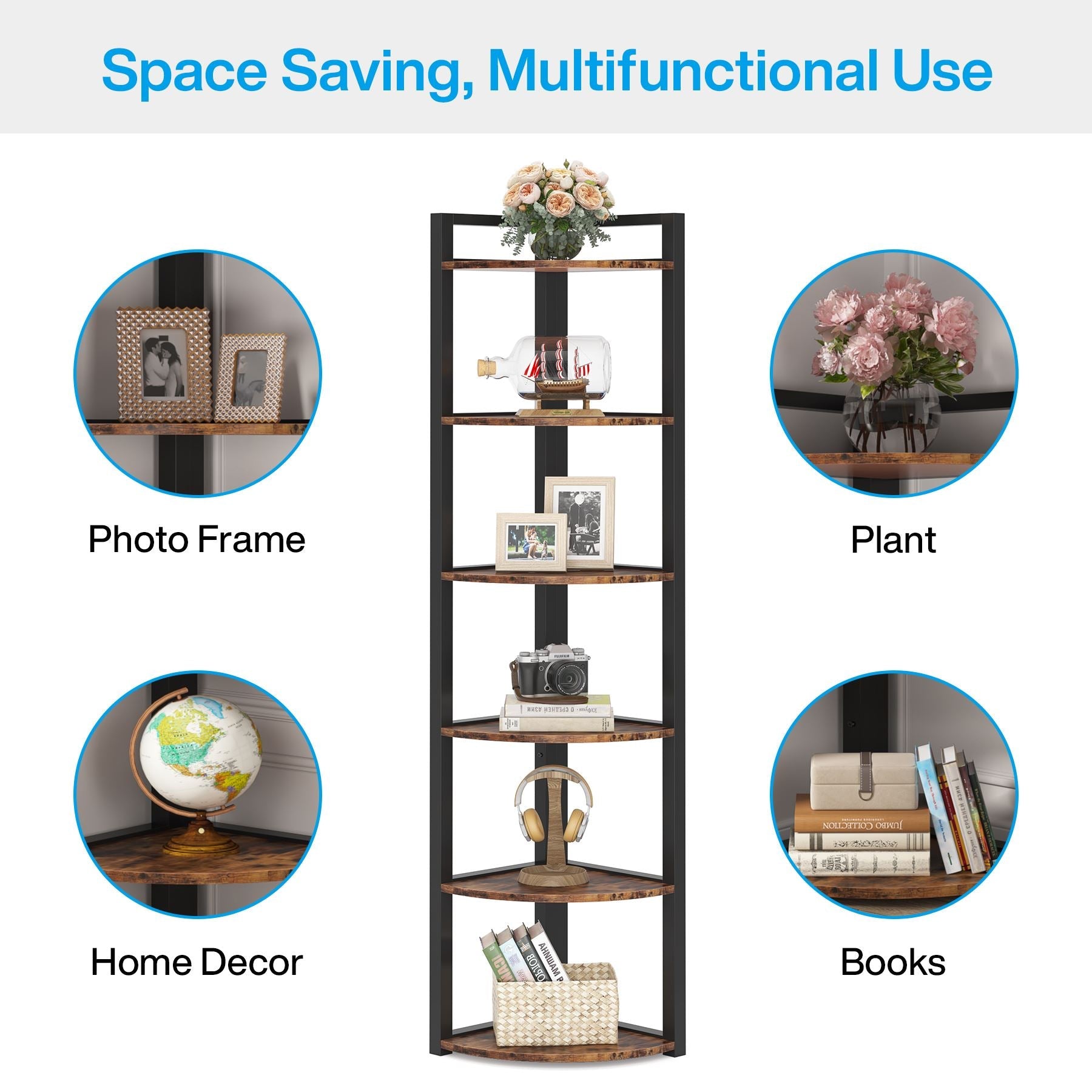 6 Tier Corner Shelf - Small Corner Bookshelf Storage Rack for Bedroom, Bathroom & Office - Space Saving Organizer for Books, Plants & Decor