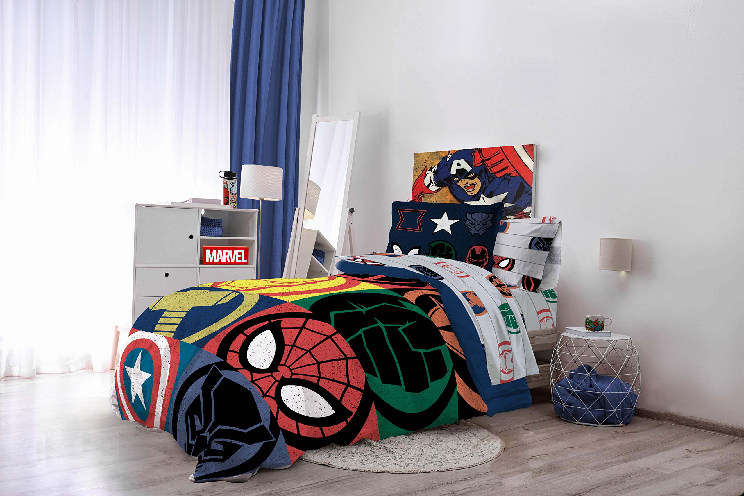 Jay Franco Marvel Avengers Emblems 7-Piece Queen Bedding Set - Super Soft Fade-Resistant Microfiber Comforter & Sheet Set (Official Licensed Marvel Product) - Perfect for Superhero Themed Bedrooms, Kids Rooms & Marvel Fans