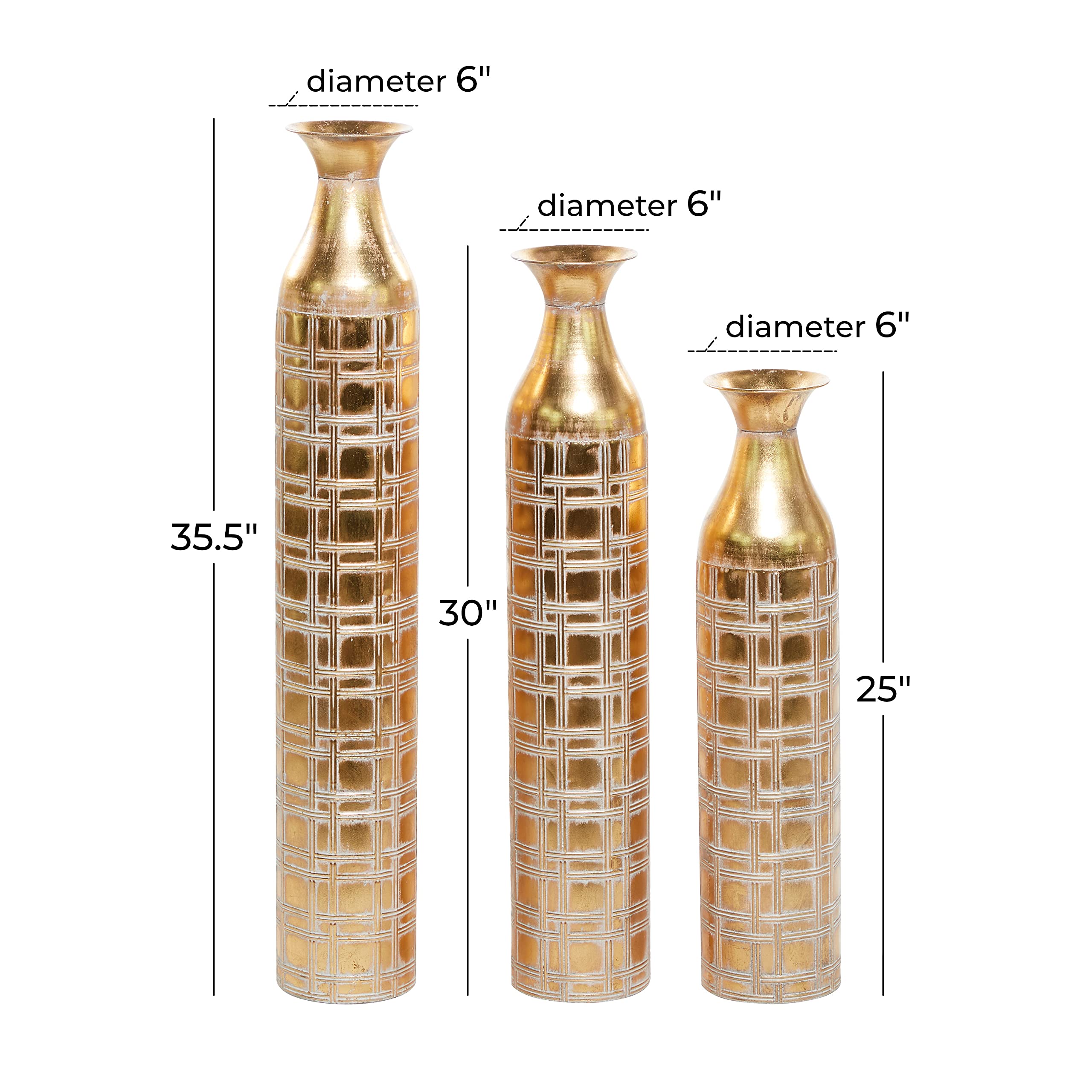 **Deco 79 Tall Metal Decorative Vase Set of 3 - Distressed Gold Etched Grid Patterns, 35