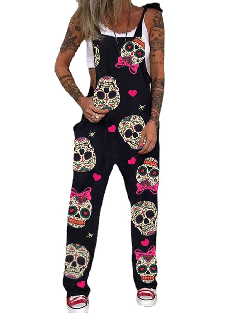 PAODIKUAI Women's Casual Skull Print Overalls - Loose Fit Romper Jumpsuit with Pockets | Trendy Streetwear for Outings, Music Festivals & Everyday Wear