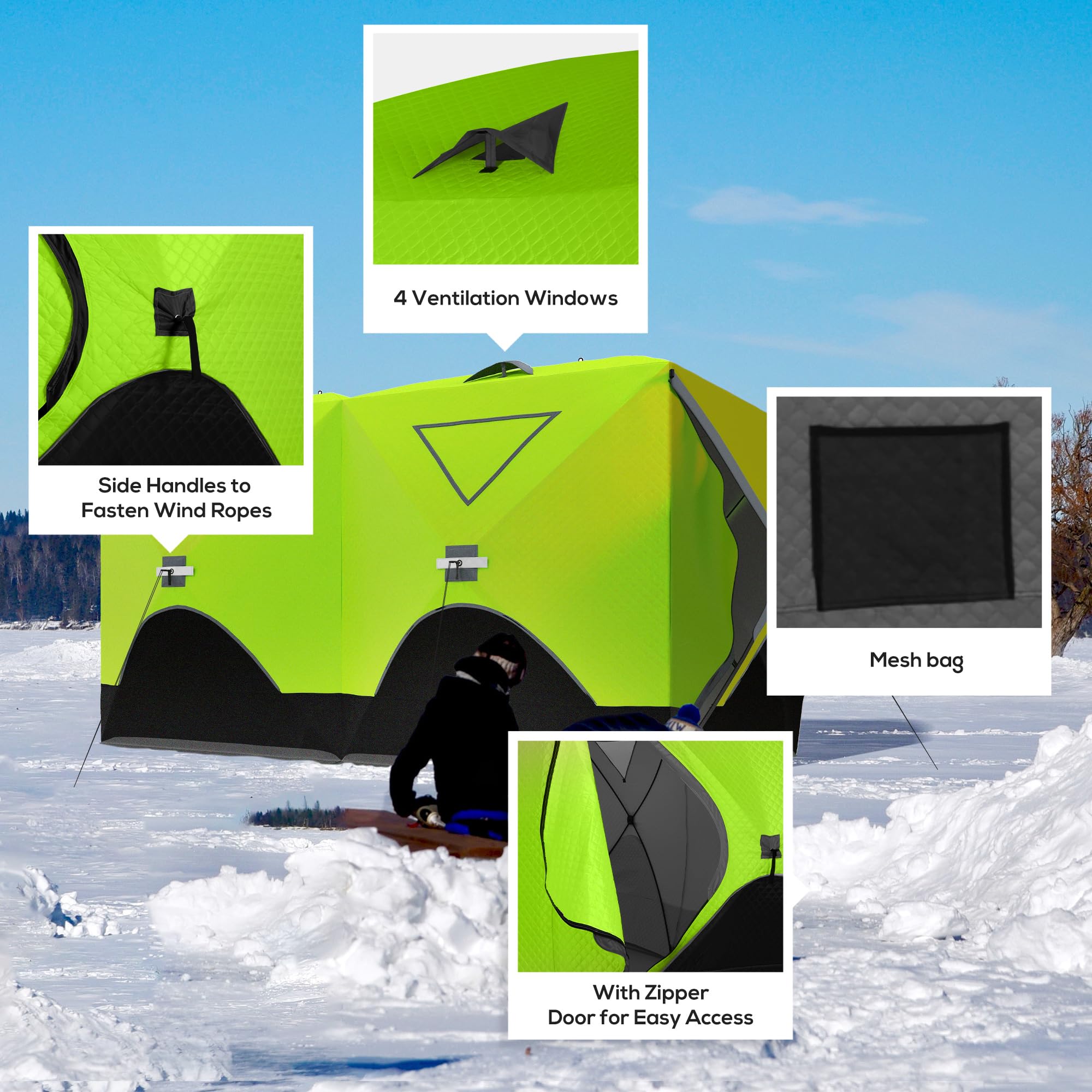 Outsunny 8-Person Insulated Ice Fishing Tent - Pop-Up Portable Shelter with Ventilation Windows & Double Doors, Includes Carry Bag for Easy Transport - Ideal for Extreme Cold Weather (-22℉) - Perfect for Winter Fishing, Hunting, and Outdoor Camping Adventures