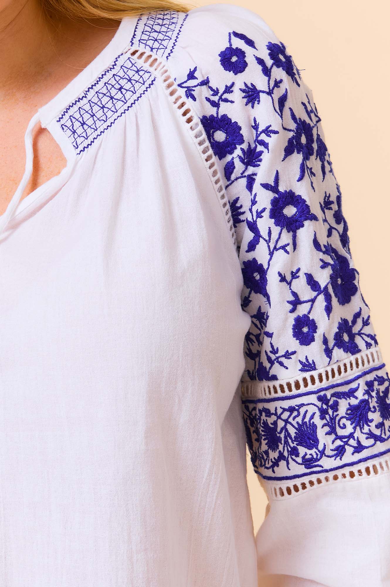 Ida Embroidered Top for Women - White & Cobalt Blue Floral Blouse | Perfect for Casual Wear, Office Outfits & Summer Fashion