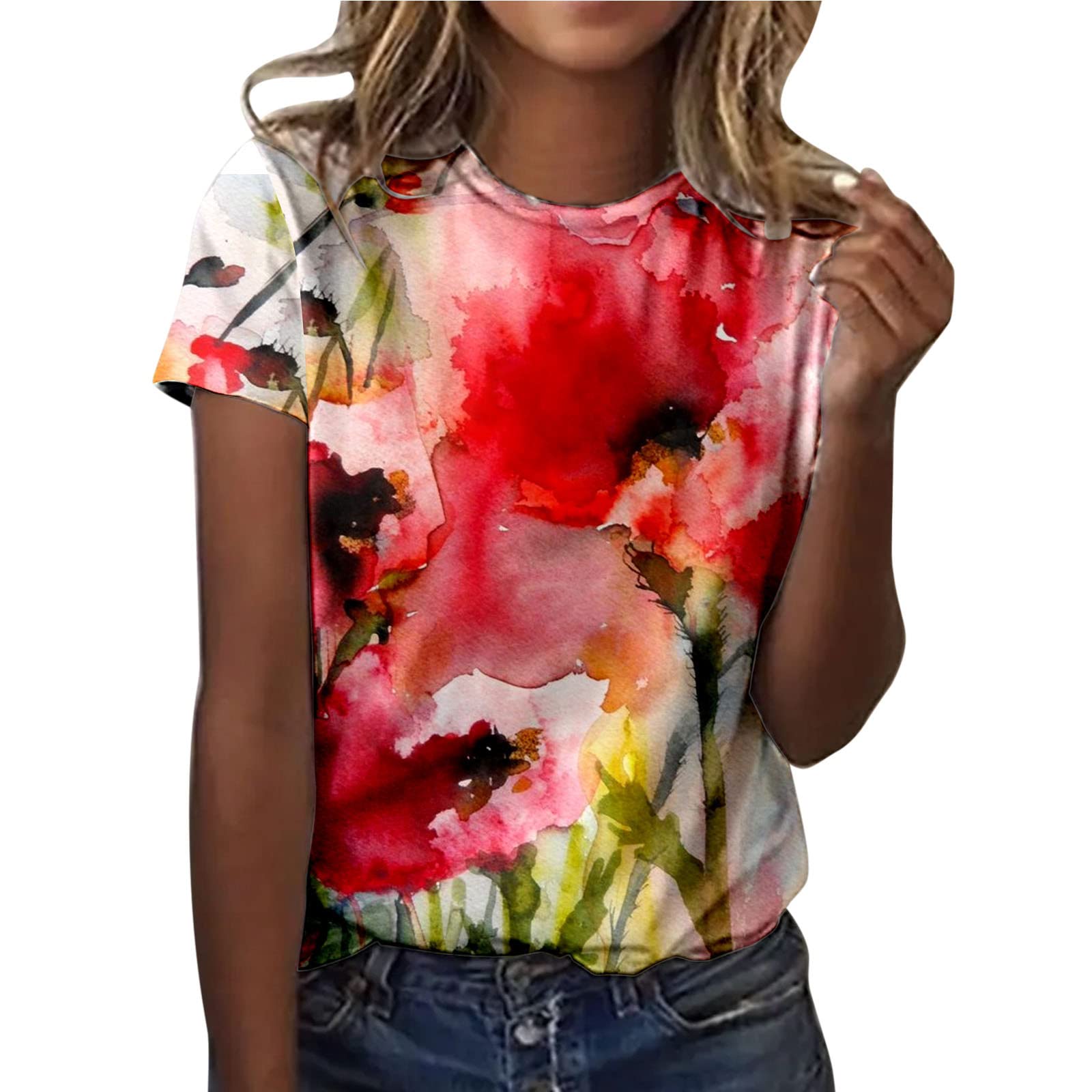 Trendy Women's Tie Dye Floral Printed Short Sleeve T-Shirt - Loose Fit Casual Blouse for Summer (Red, Large) | Perfect for Beach Outings, Music Festivals & Everyday Wear