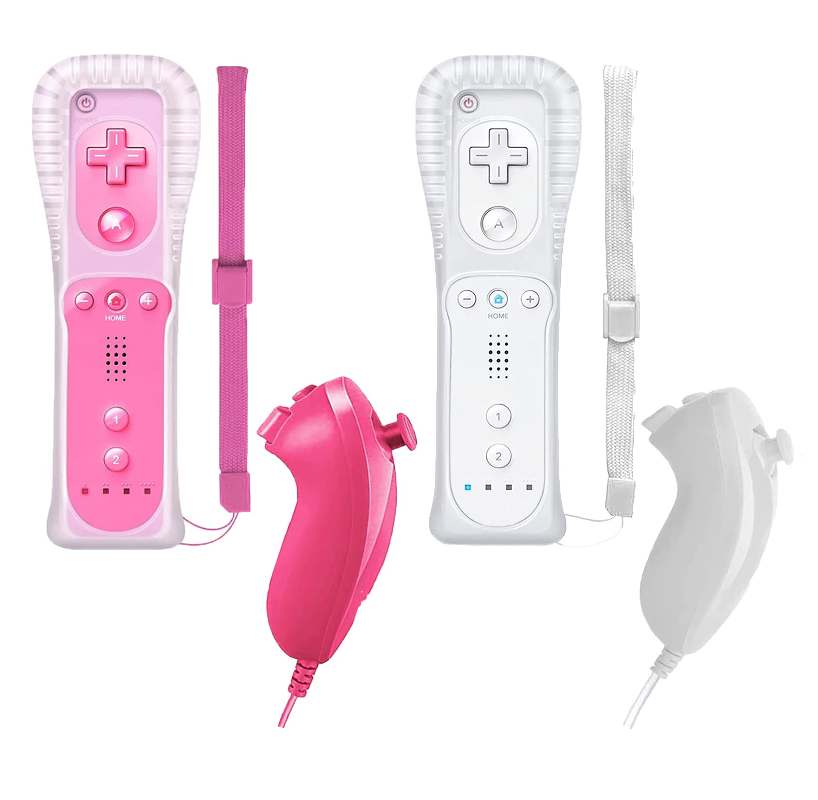 Poulep 2-Pack Wireless Motion Controller & Nunchuk Joystick with Silicone Protective Case for Nintendo Wii & Wii U Game Console (Pink/White) - Perfect for Family Gaming & Fitness Activities