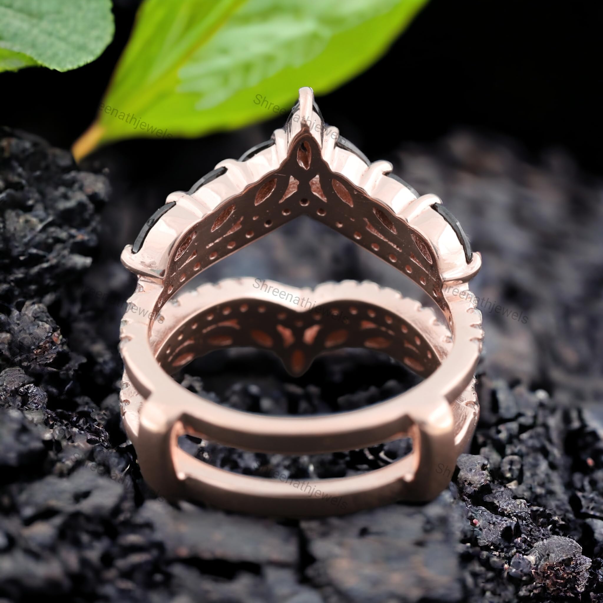 Black Onyx Wedding Band Enhancer Ring - Rose Gold Marquise Bridal Ring with CZ Diamonds | Unique Anniversary, Birthday Gift for Her | Perfect for Weddings, Engagements & Special Occasions | by SHREENATJEWELRY