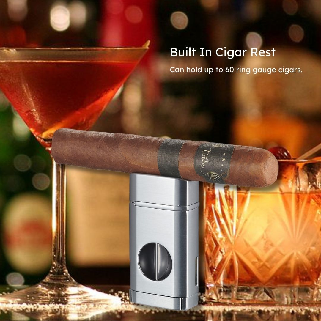 Visol Diablo Triple Torch Flame Lighter with Spring V Cutter - Silver | Windproof Butane Lighter for Cigars, BBQ, Camping & Outdoor Use
