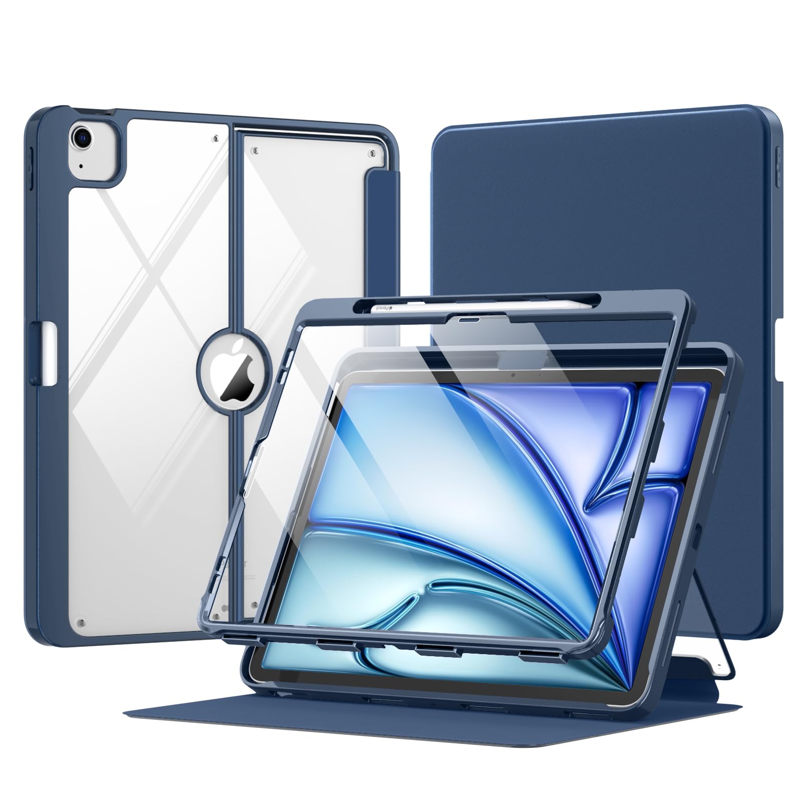MoKo iPad Air 13 Inch Case (2025 M3 & 2024 M2 Models) - Protective Cover with Built-in Screen Protector, Pencil Holder, Magnetic Multi-Angle Stand & Clear Back Design in Navy Blue - Perfect for Work, Study and Travel