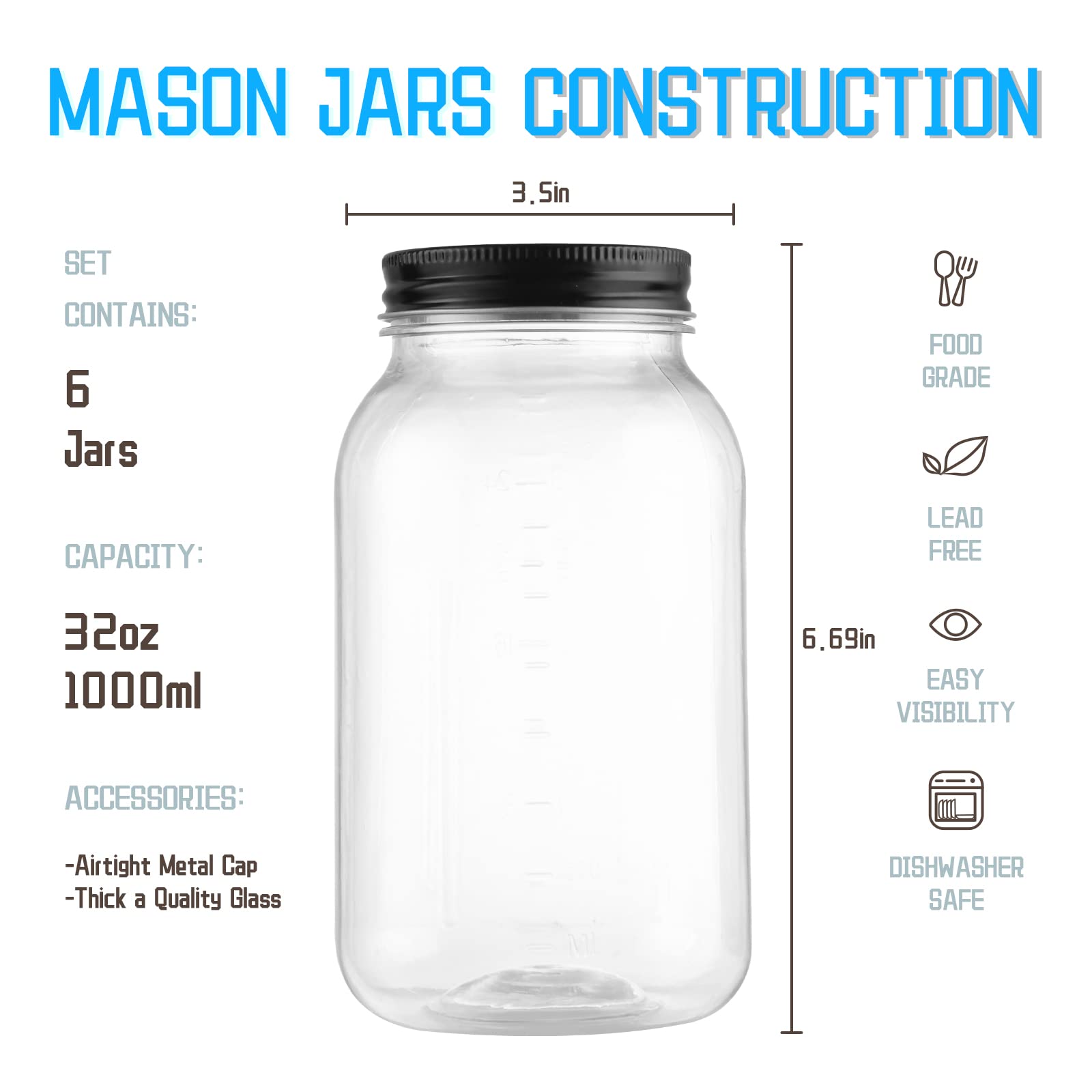 32oz Clear Plastic Mason Jars with Airtight Lids - 6 Pack Black Food Storage Containers for Kitchen, Pantry Organization, Dry Goods, Spices & DIY Crafts | BPA-Free Leakproof Jars