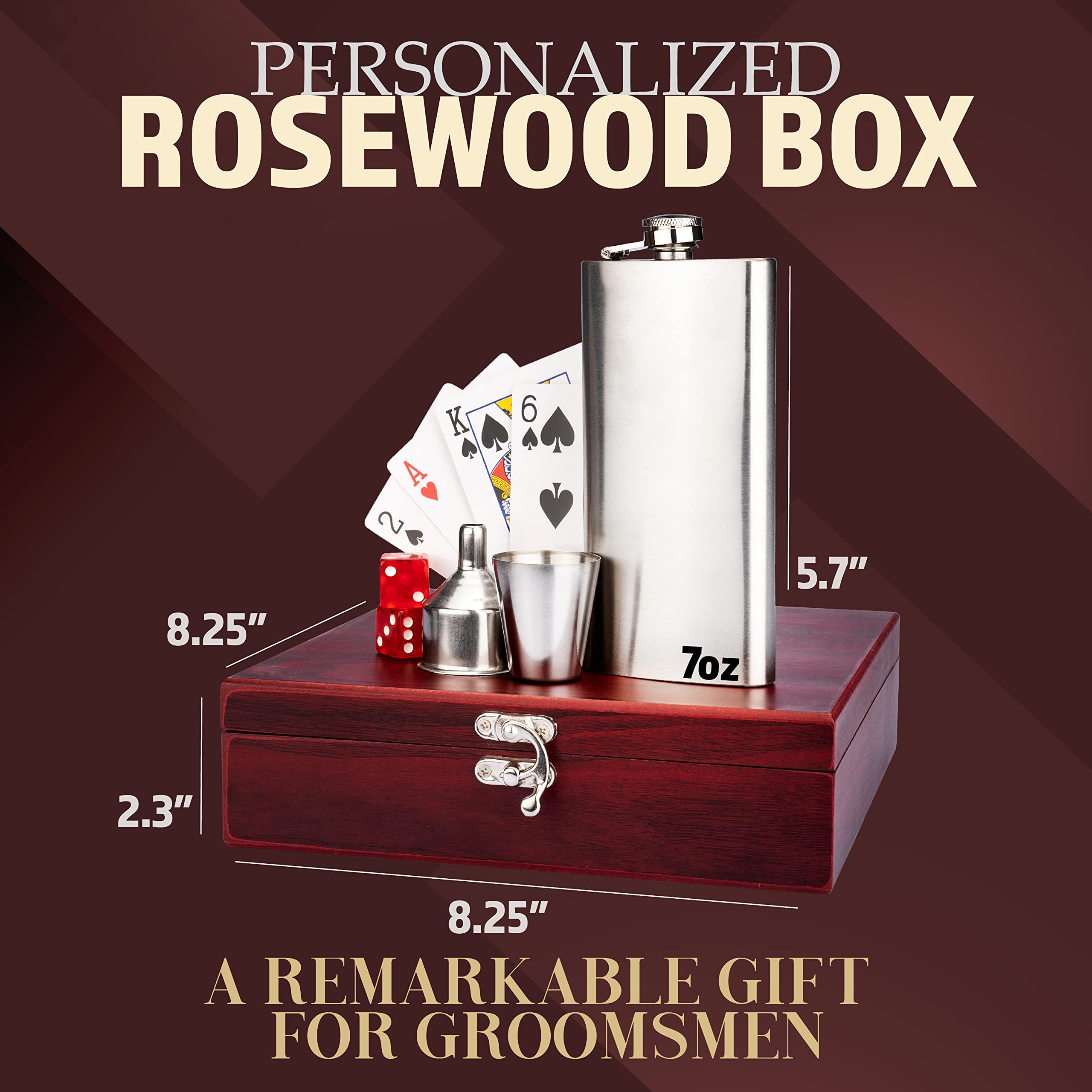 Premium Personalized Groomsmen Gift Set - 3 Rosewood Finish Flasks with Playing Cards & Dice | Custom Wedding Favors for Groomsmen, Best Man, Bridal Party | Perfect for Bachelor Parties, Weddings & Anniversary Gifts