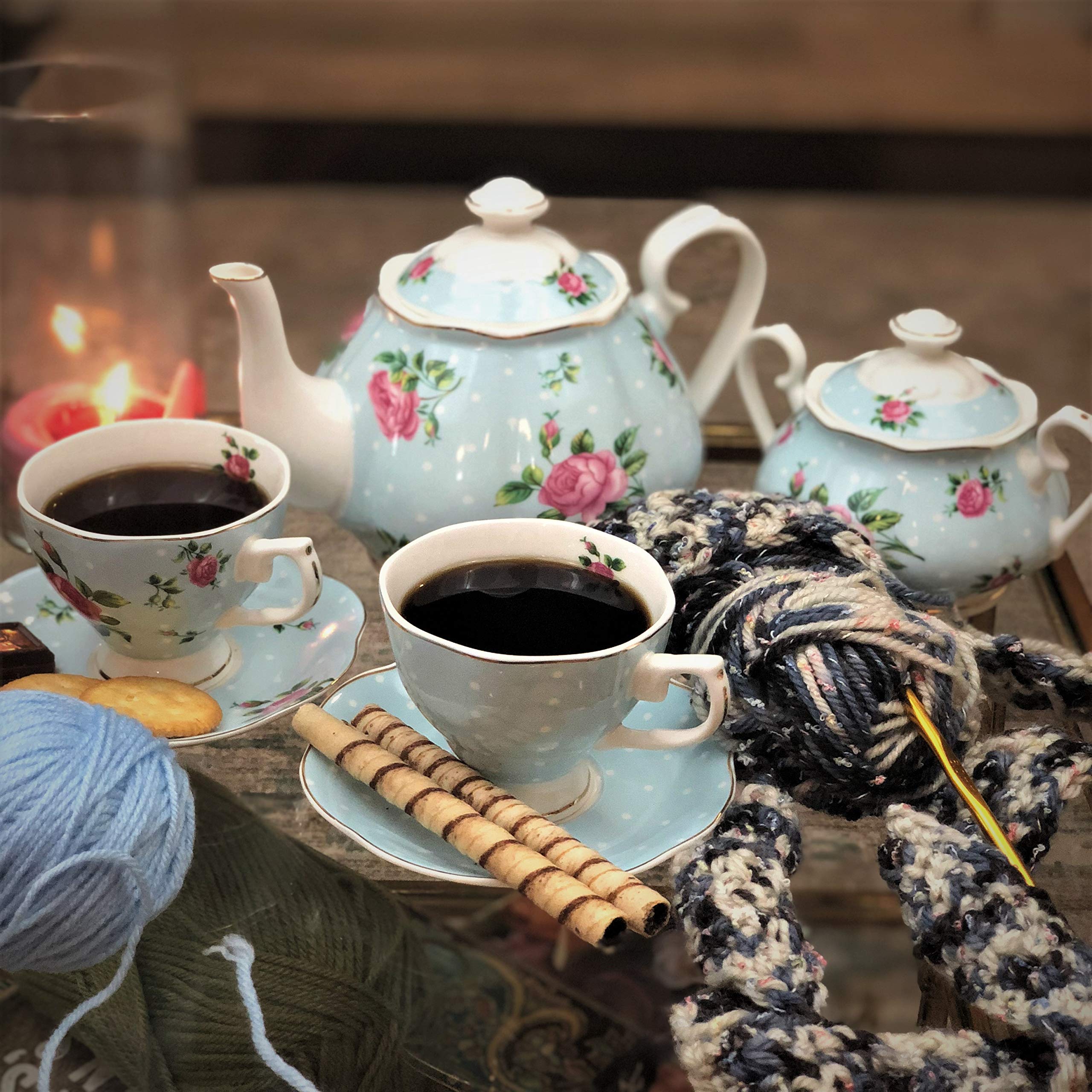 BTaT Floral Tea Set - 8oz Tea Cups, 38oz Teapot, Creamer & Sugar Bowl - Elegant Porcelain Tea Set for Adults (4-Piece) - Perfect for Afternoon Tea, Bridal Showers & Home Decor