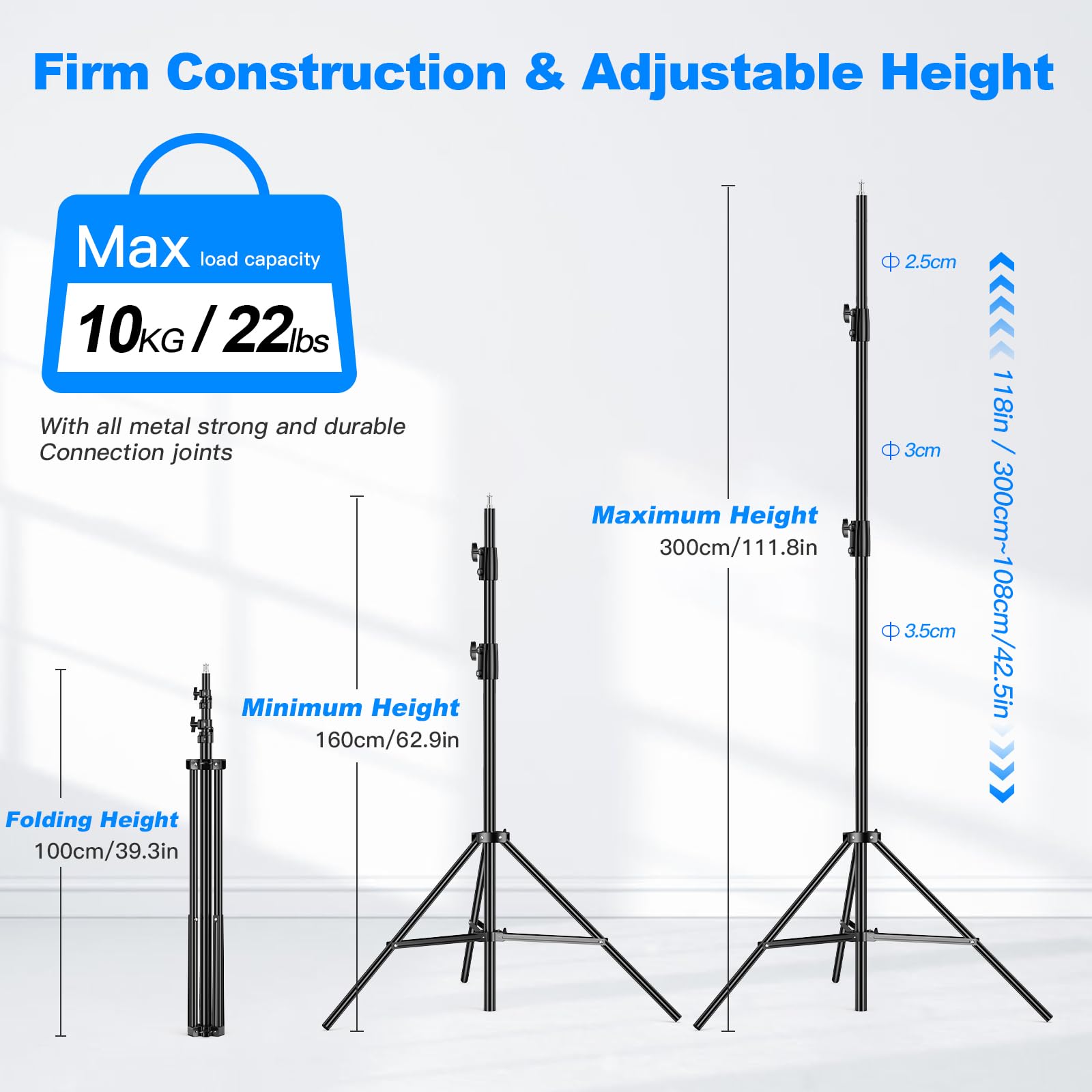 Heavy Duty 9.8ft Adjustable Light Stand - 3m Photography Tripod with Air Cushion, 22LB Capacity & 1/4